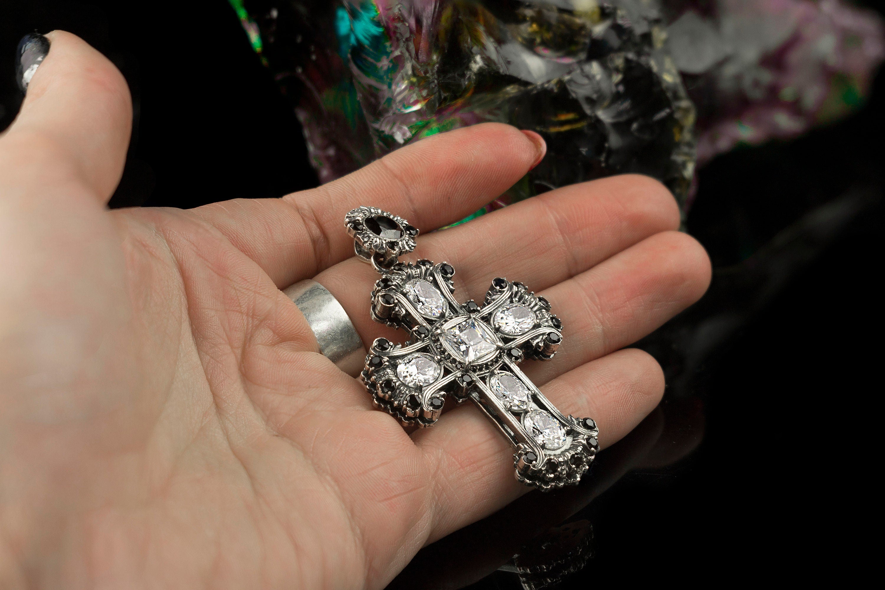 Silver cross pendant Large gemstones cross necklace Jeanne d'Arc Black and white Victorian style jewelry