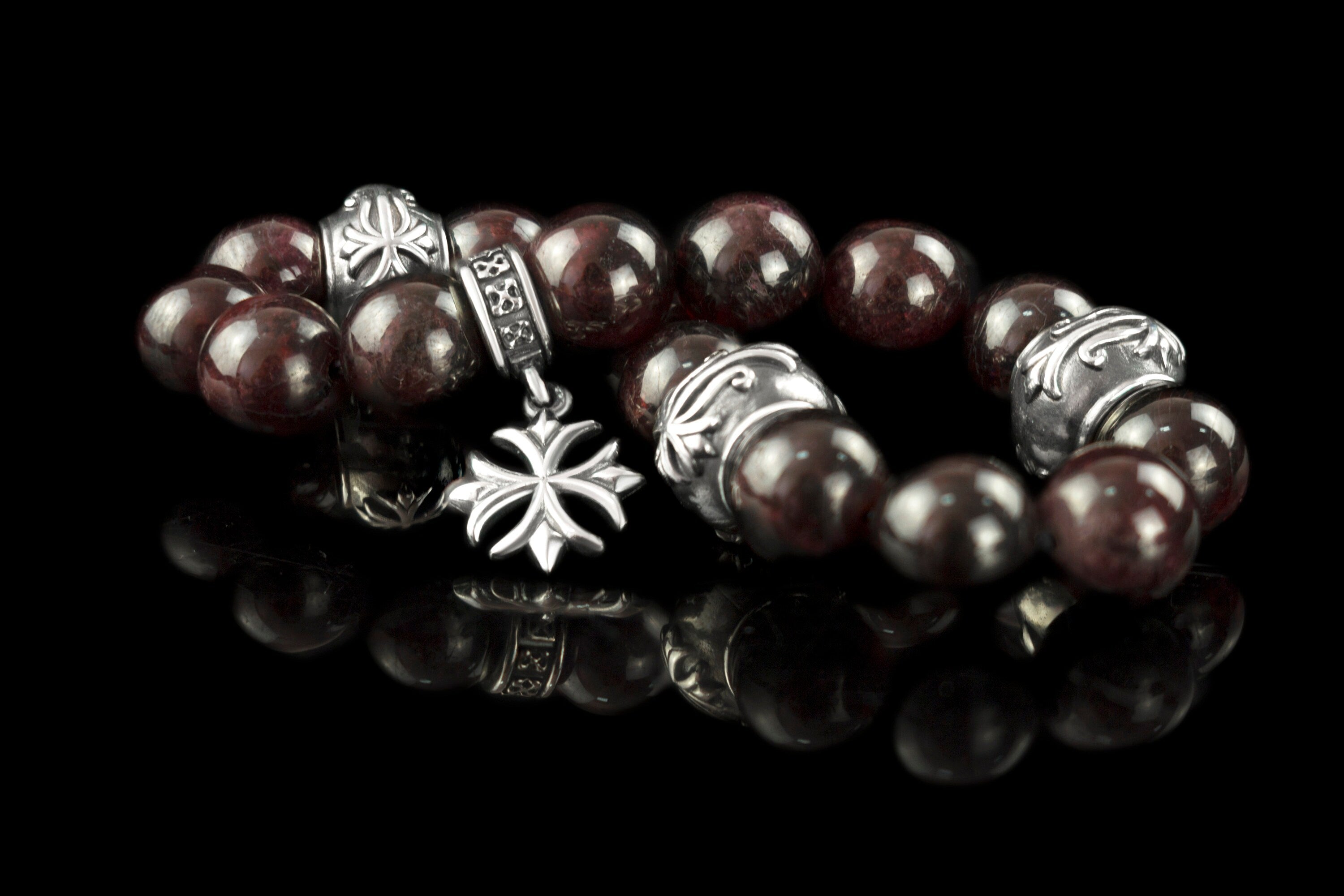 Silver garnet bracelet Medieval cross bracelet Maltese cross Beaded bracelet