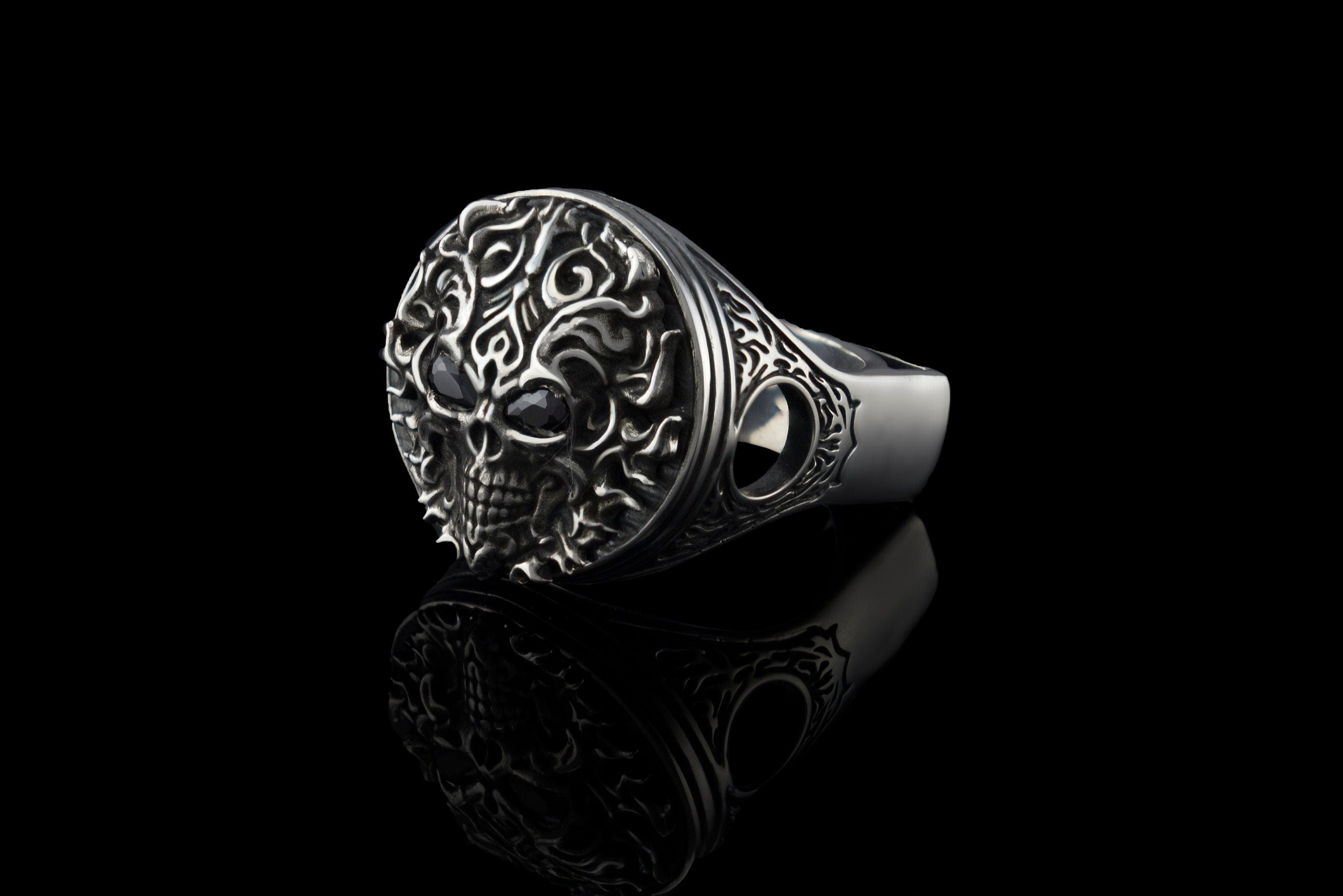 Silver skull ring Biker ring with skull Piston Motorcycle jewelry