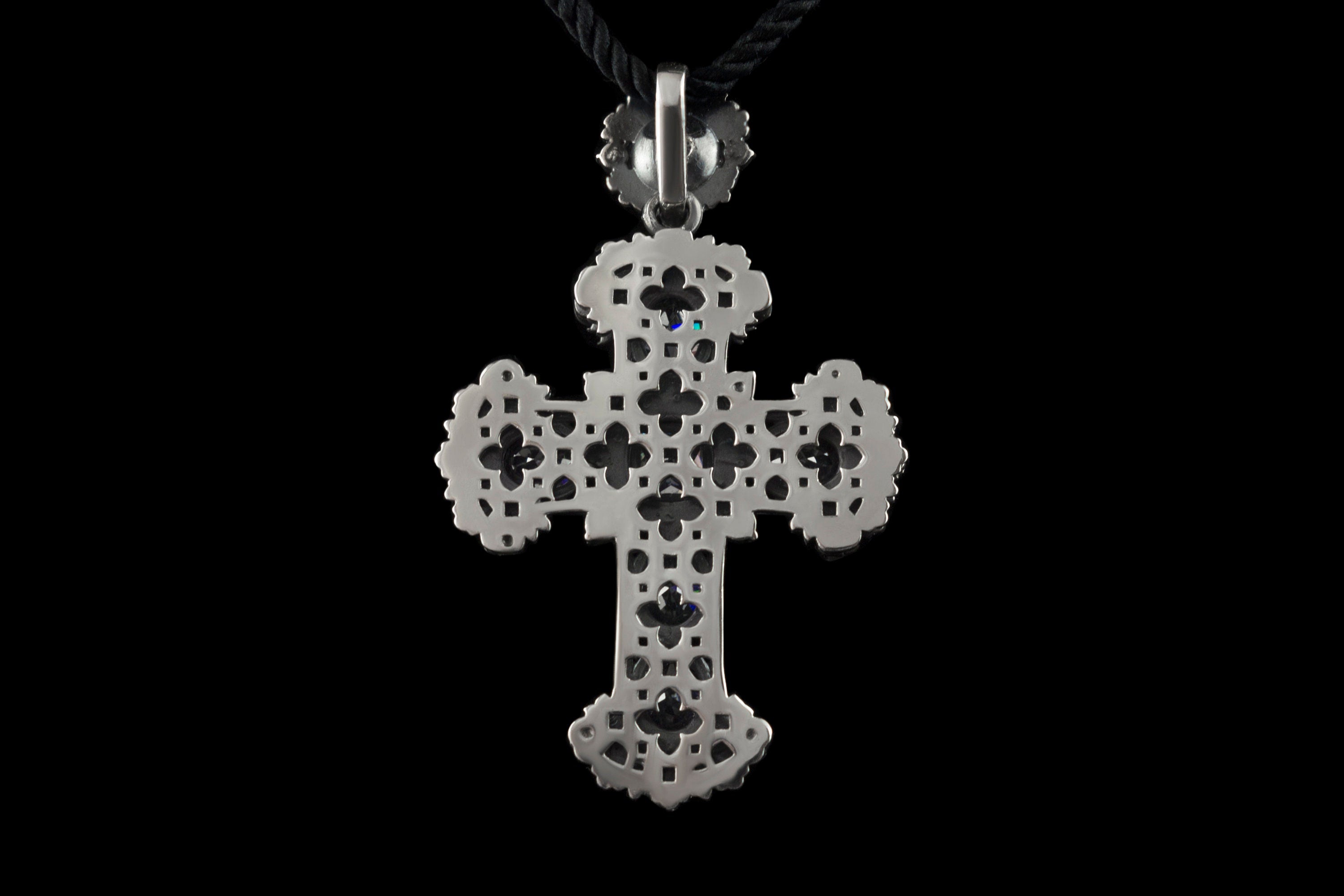 Silver cross pendant Large gemstones cross necklace Jeanne d'Arc Black and white Victorian style jewelry