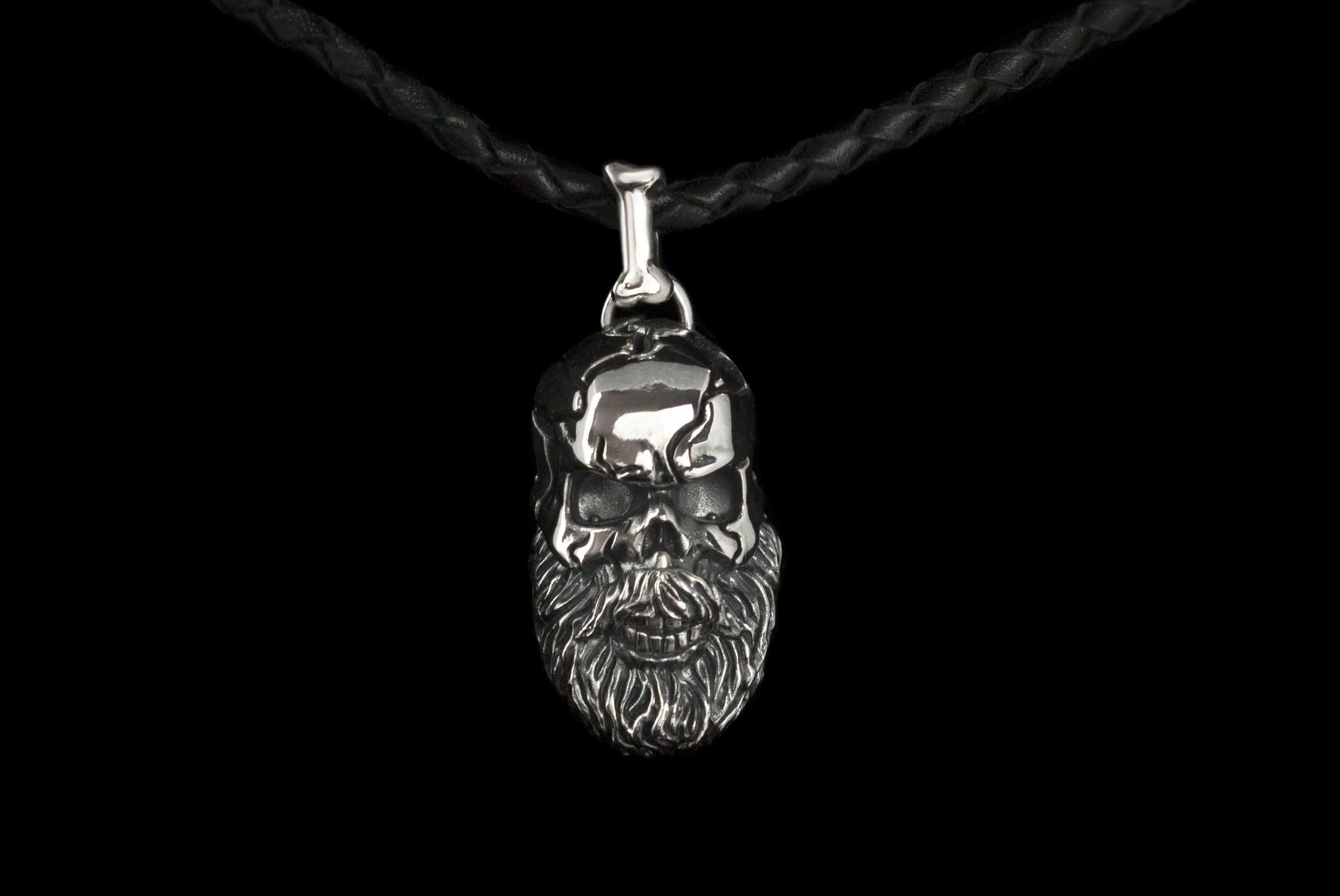 Silver skull pendant Biker jewelry Bearded skull Brutalist style