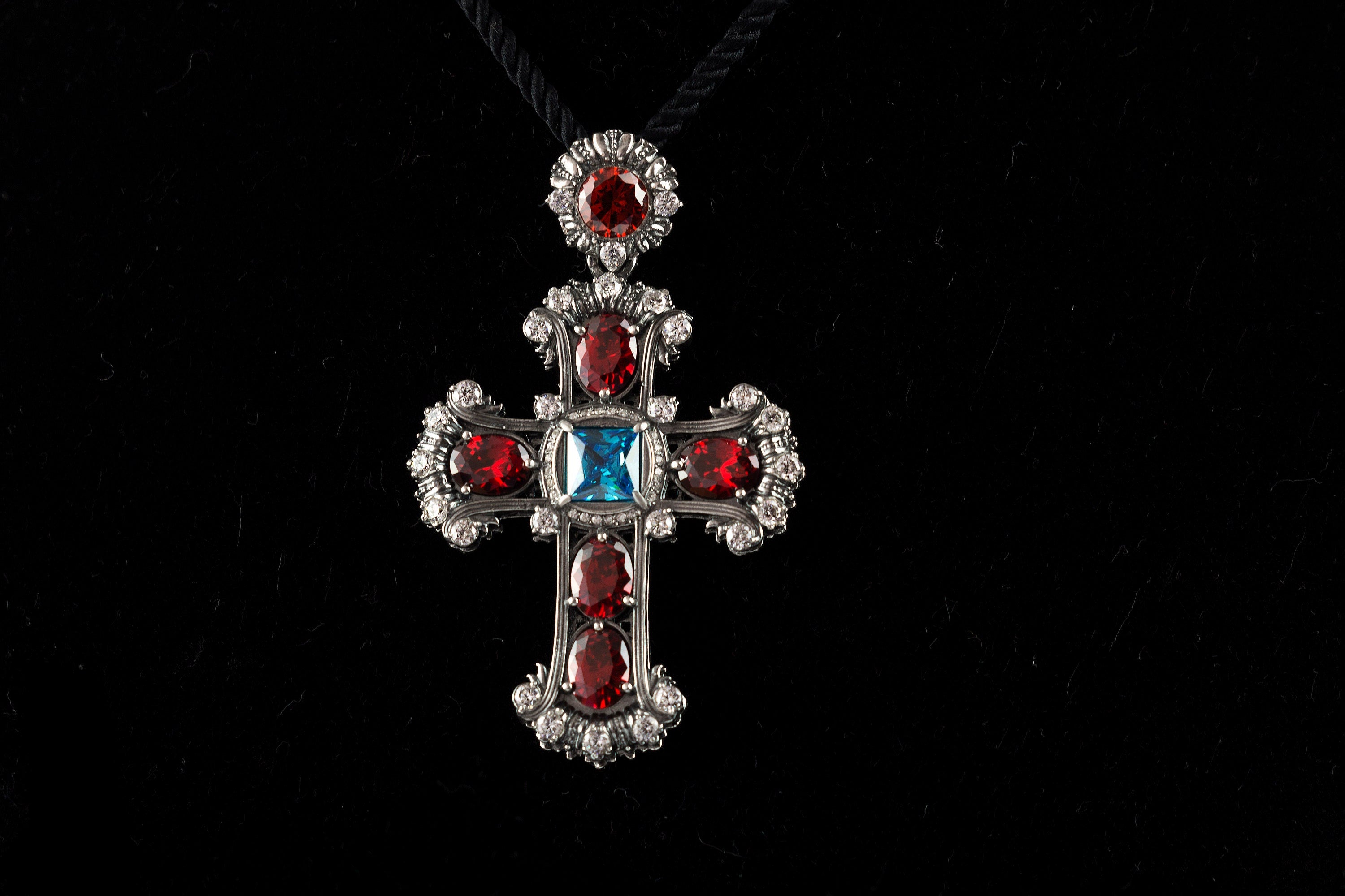 Silver cross pendant Large gemstones cross necklace Jeanne d'Arc  Red and blue