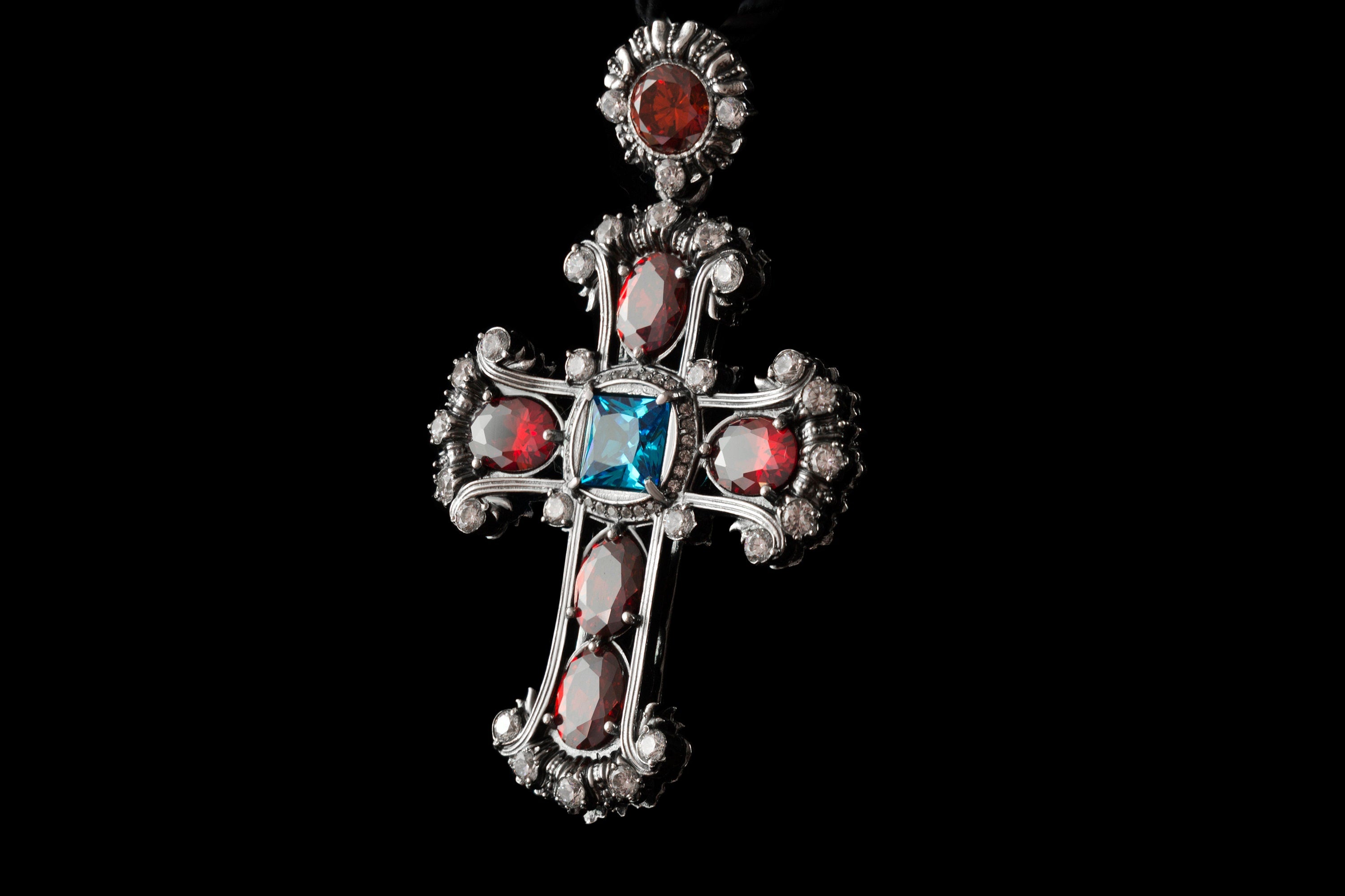 Silver cross pendant Large gemstones cross necklace Jeanne d'Arc  Red and blue