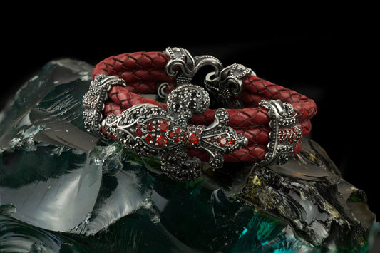 Women bracelet Fleur De Lis Red leather bracelet Silver bracelet