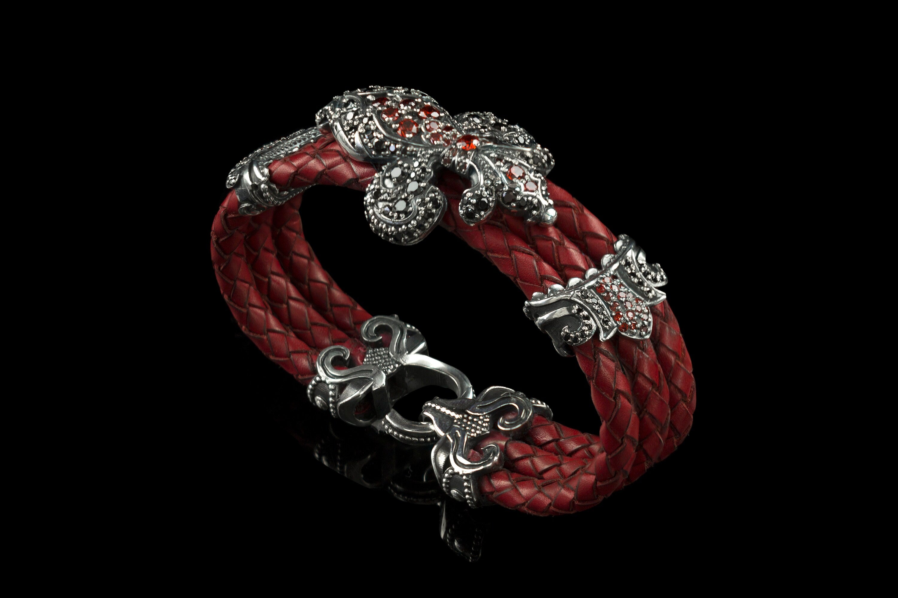 Women bracelet Fleur De Lis Red leather bracelet Silver bracelet