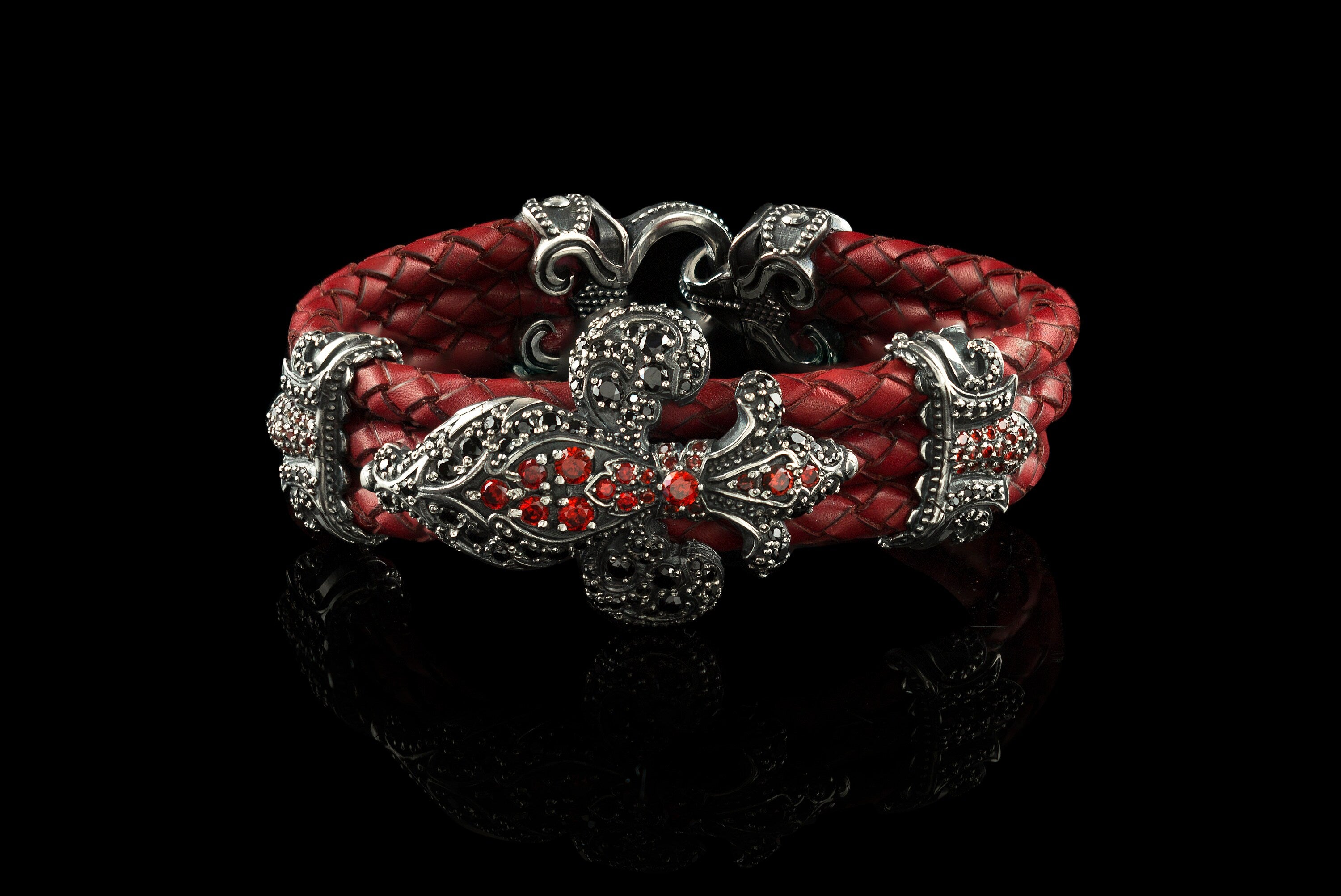 Women bracelet Fleur De Lis Red leather bracelet Silver bracelet