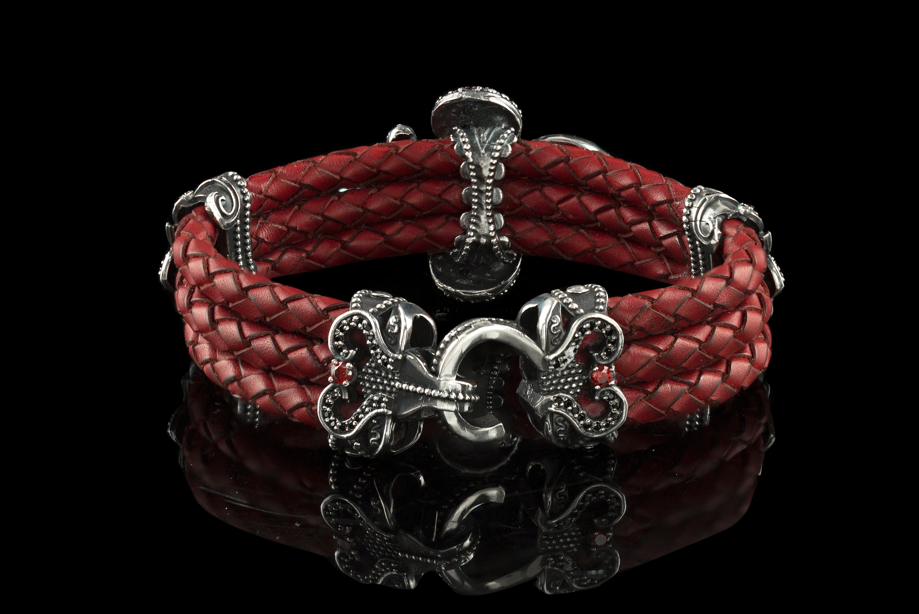 Women bracelet Fleur De Lis Red leather bracelet Silver bracelet