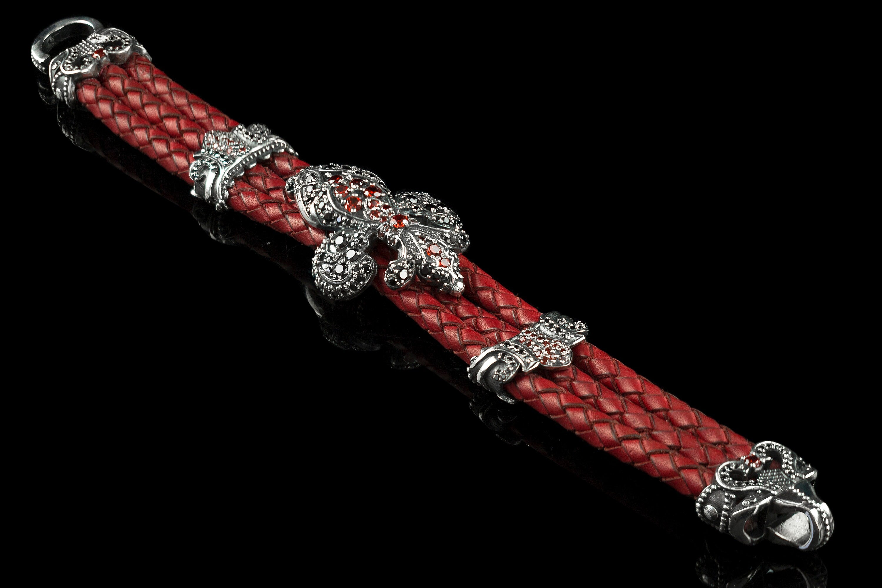 Women bracelet Fleur De Lis Red leather bracelet Silver bracelet