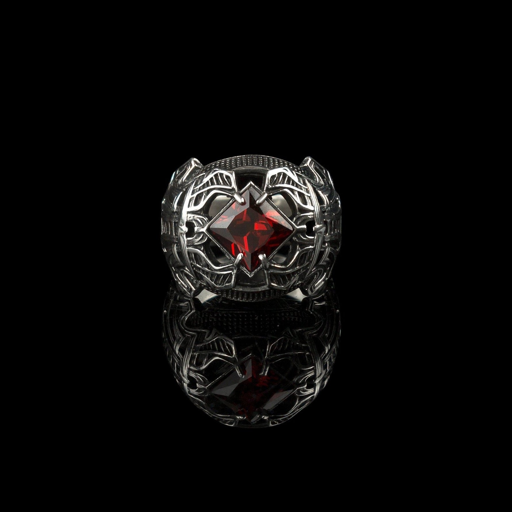 Garnet brutal men ring 13 Size Sterling silver Heavy jewelry Biker ring Mens Medieval