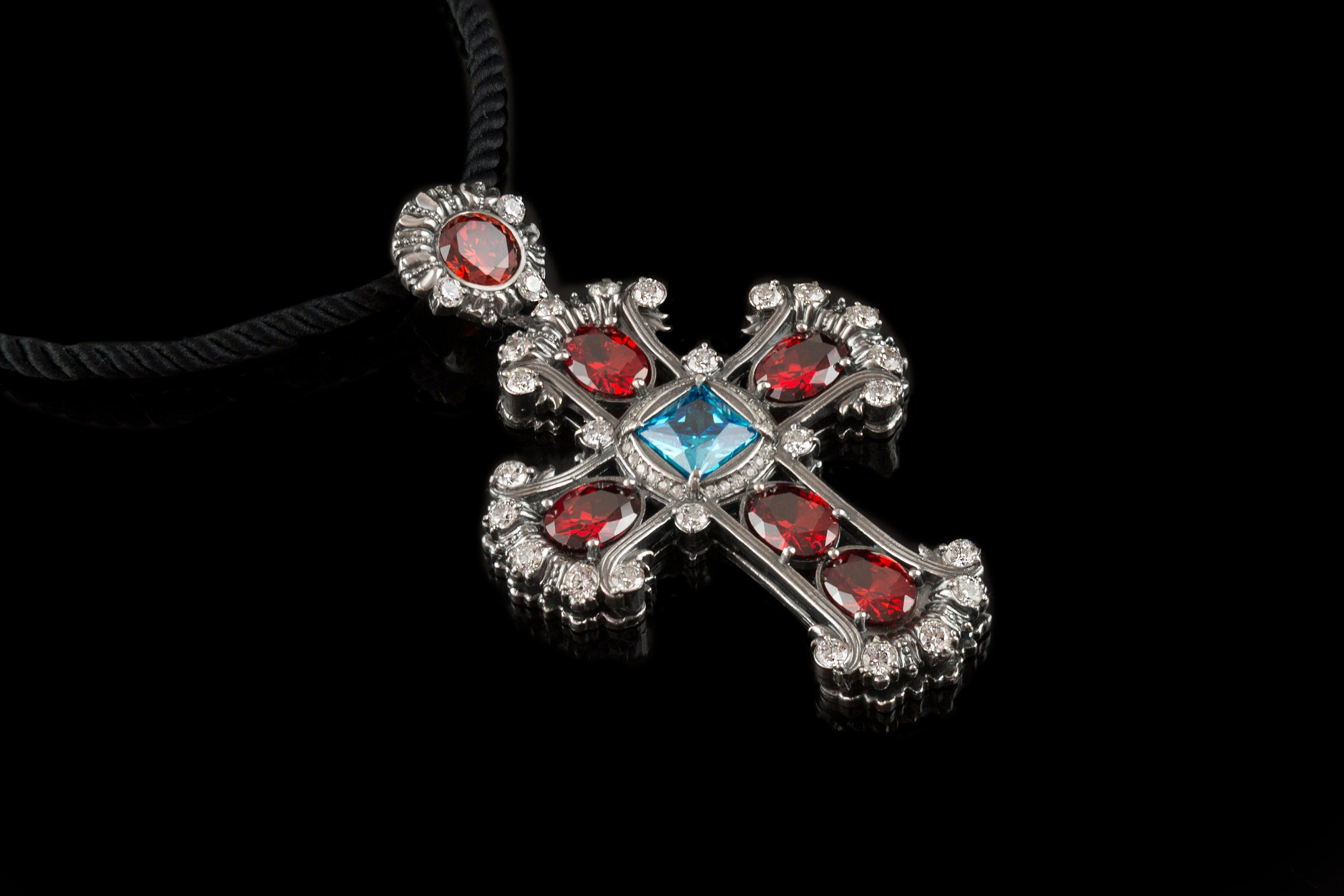 Silver cross pendant Large gemstones cross necklace Jeanne d'Arc  Red and blue