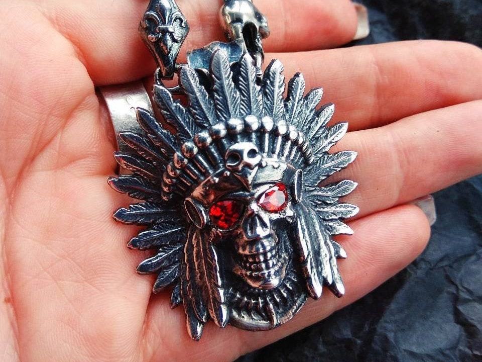 Red Indian Native American Indian Silver pendant American indian Skull indian sterling silver 925 Skull jewelry Skull pendant Bikers jewelry