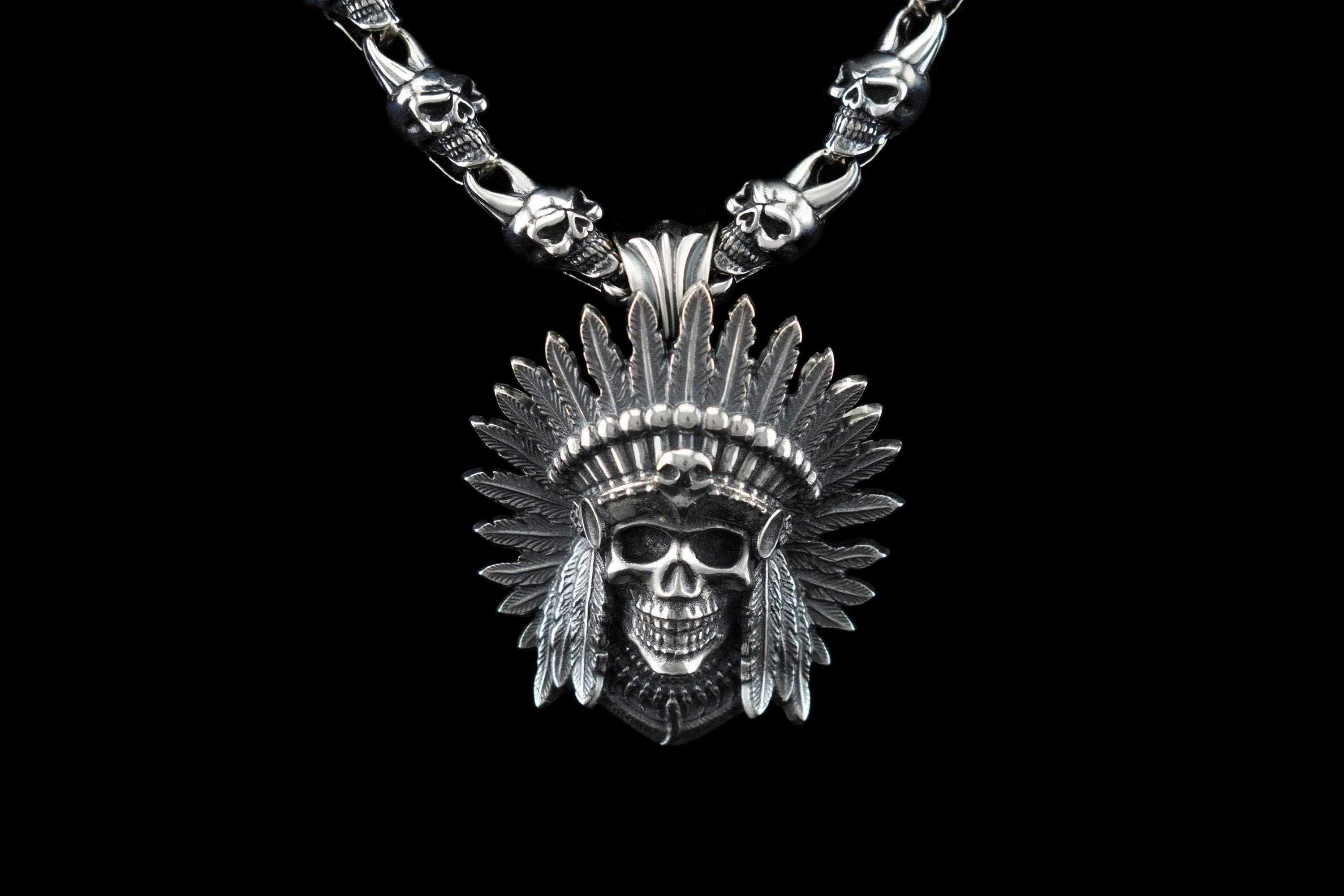 Red Indian Native American Indian Silver pendant American indian Skull indian sterling silver 925 Skull jewelry Skull pendant Bikers jewelry