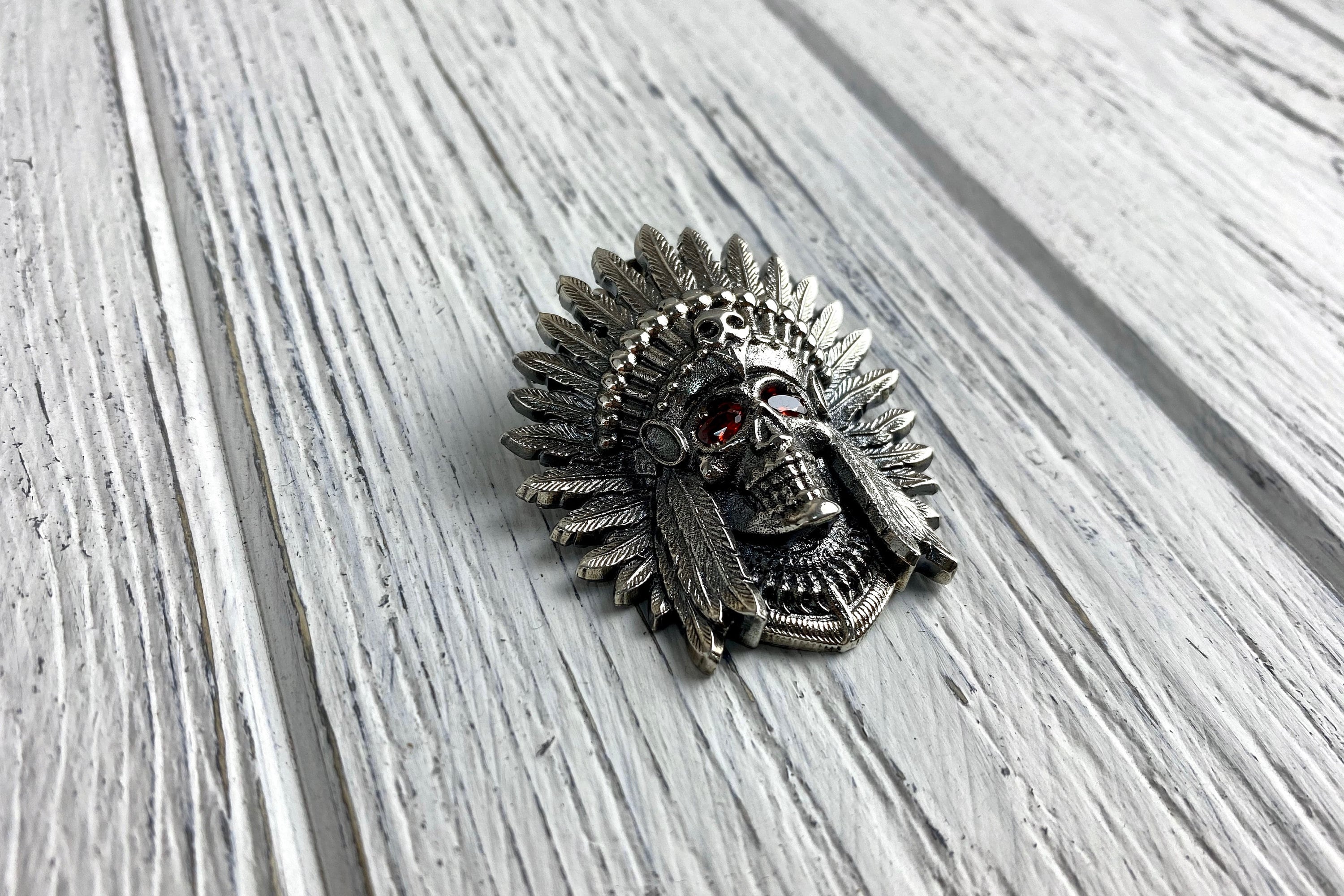 Silver Red Indian pendant Biker jewelry