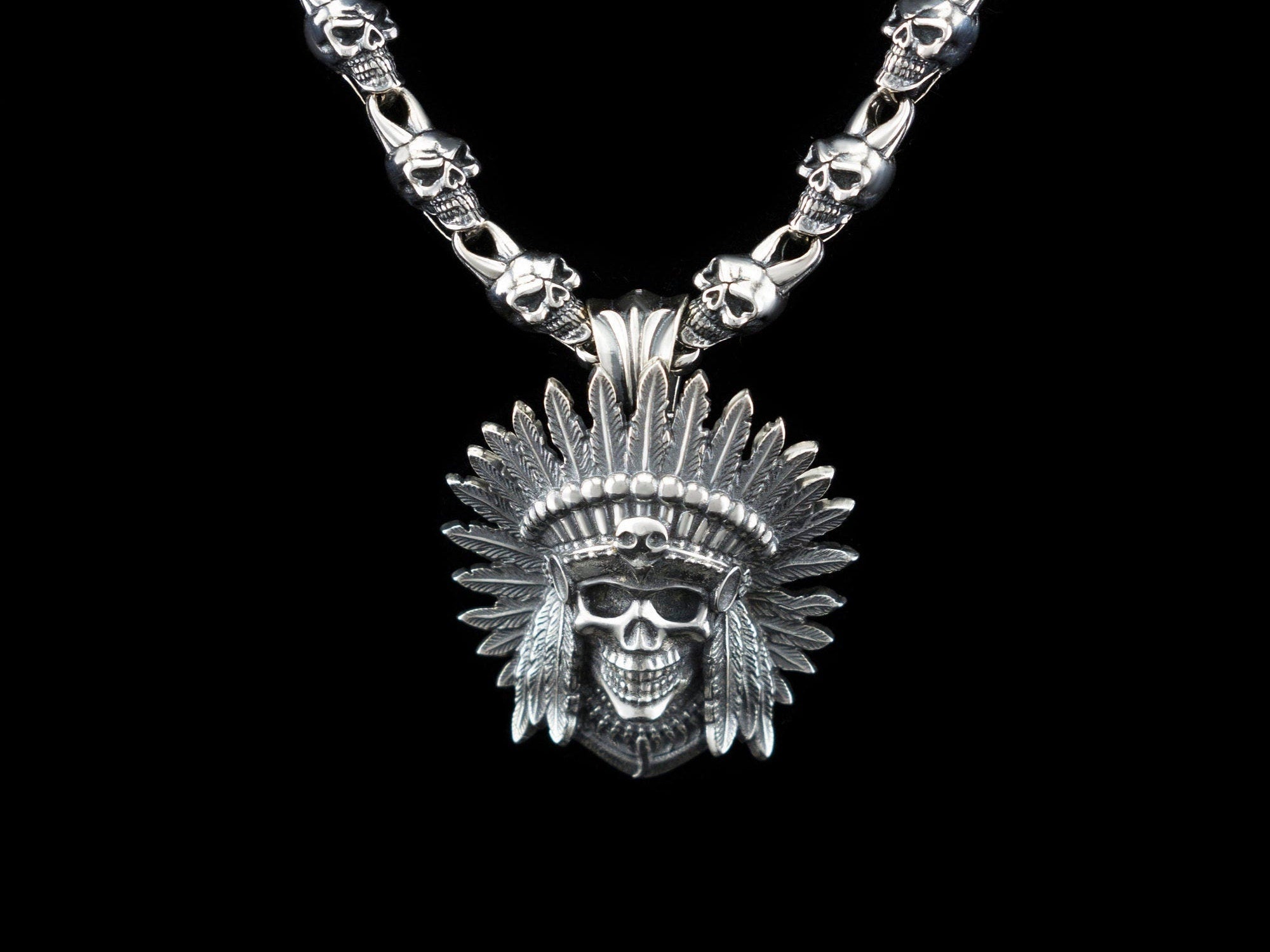 Red Indian Native American Indian Silver pendant American indian Skull indian sterling silver 925 Skull jewelry Skull pendant Bikers jewelry