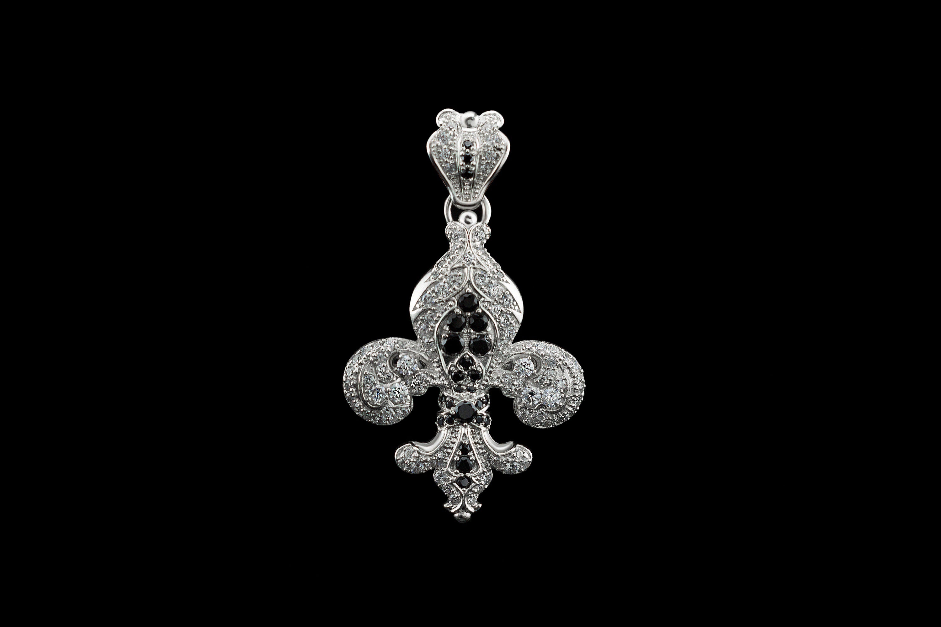 Fleur de Lis silver  pendant Mary Gemstones silver pendant Black and white gems