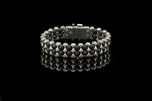 Men silver bracelet with beaded stones Black bracelet Agate bracelet Saint Victor