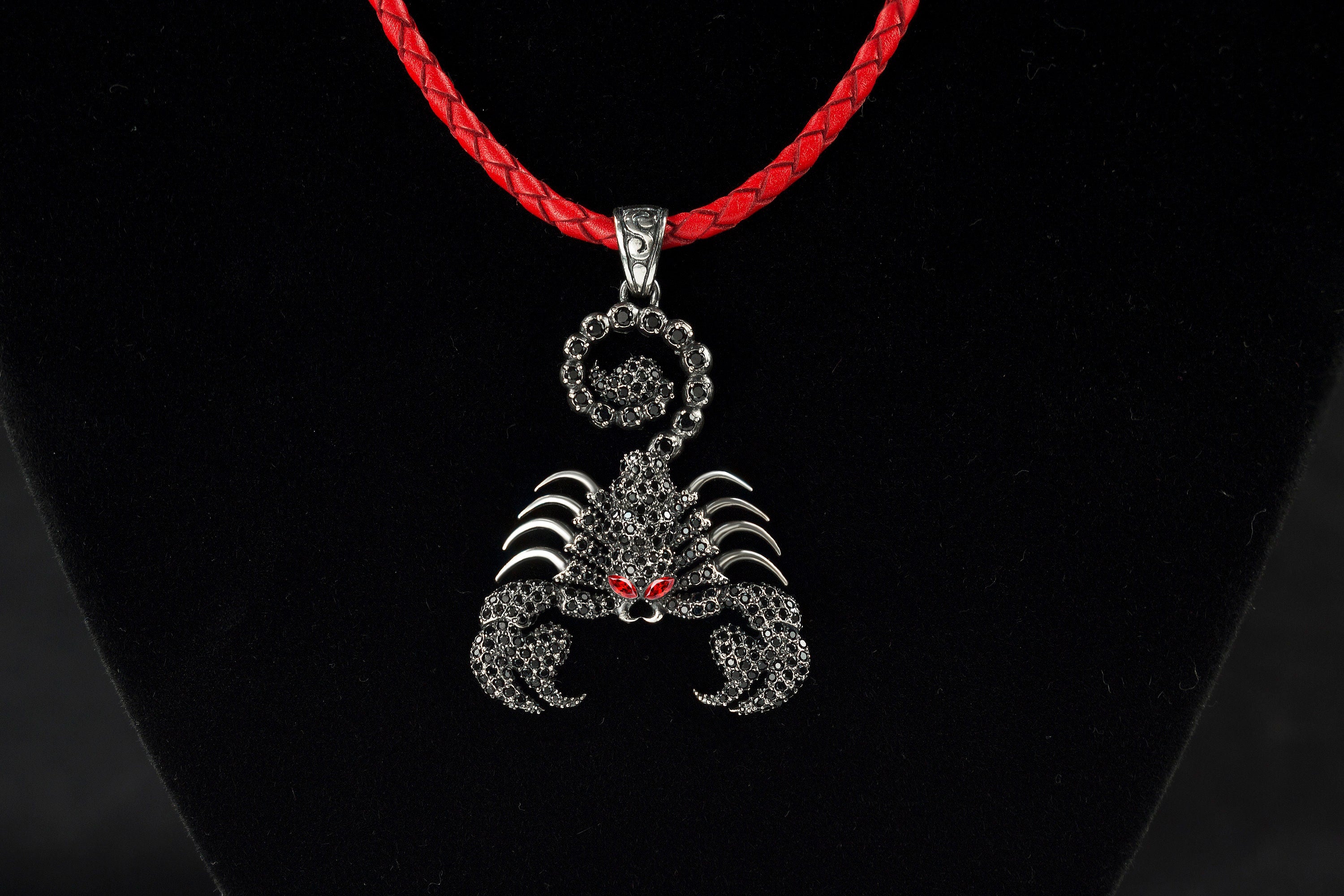 Scorpion pendant +  leather cord Scorpion with black gemstones Zodiac pendant scorpion