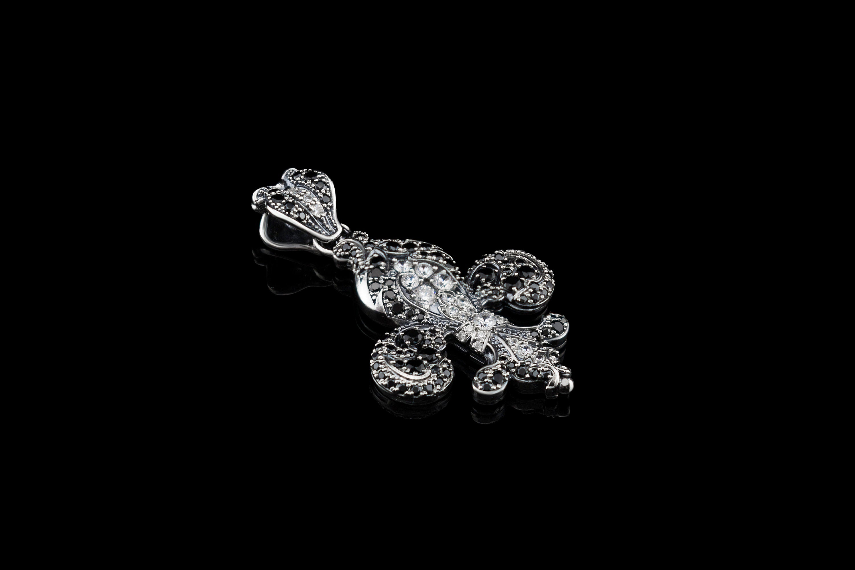 Fleur de Lis silver  pendant Mary Gemstones silver pendant Black and white gems