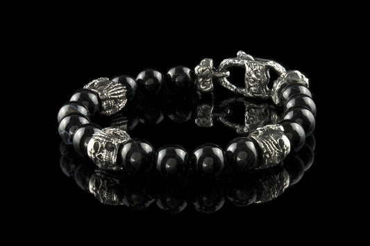 Skull bracelet Black agate gemstones Beaded bracelet Silver skull beads See nothing hear nothing say nothing