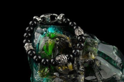 Skull bracelet Black agate gemstones Beaded bracelet Silver skull beads See nothing hear nothing say nothing