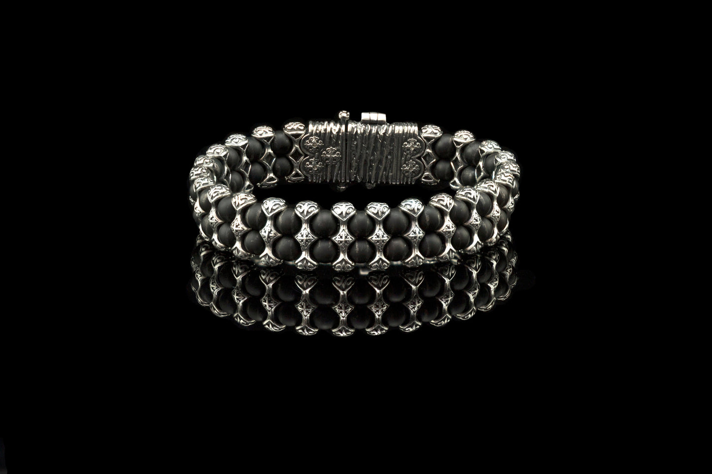 Heavy silver bracelet Onyx  bracelet Beaded bracelet  Biker jewelry