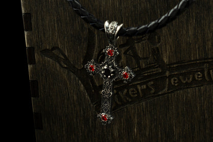 Gothic сross Silver cross necklace Cross with leather cord Black and red