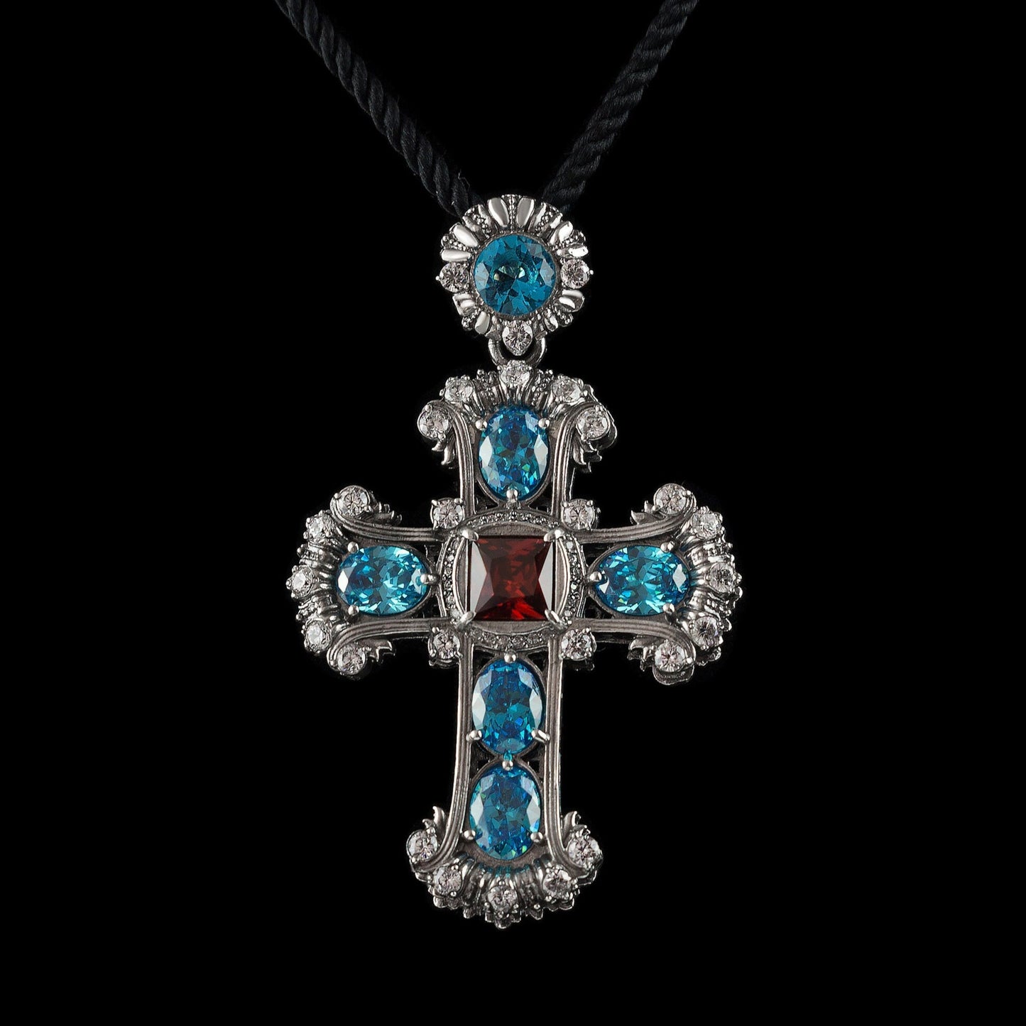 Blue and red crystal cross Women's silver cross Black cross  Victorian jewelry Medieval Cross Women's pendant cross Antique Style jewelry