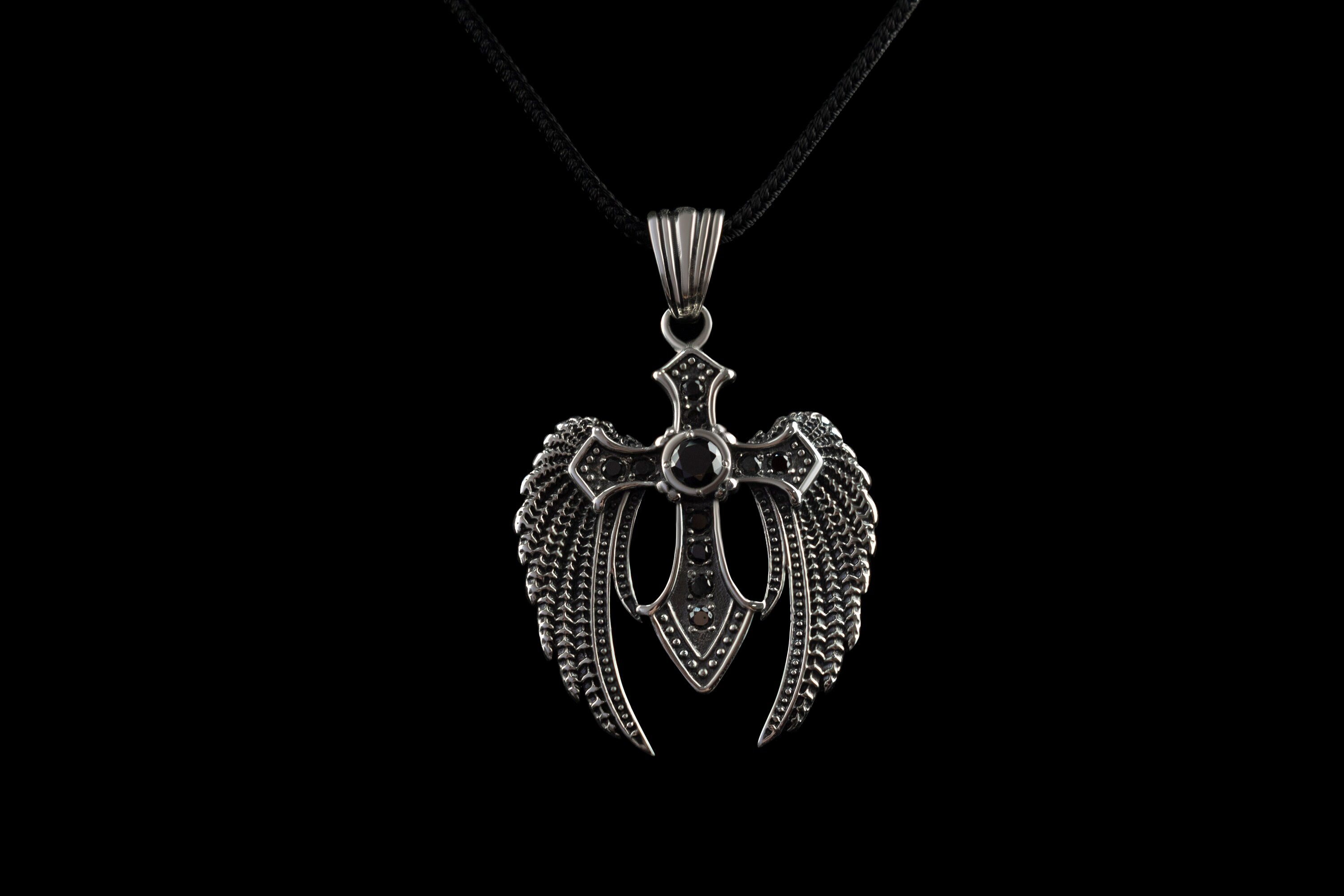 Silver cross with wings Heavy silver pendant Angel wings