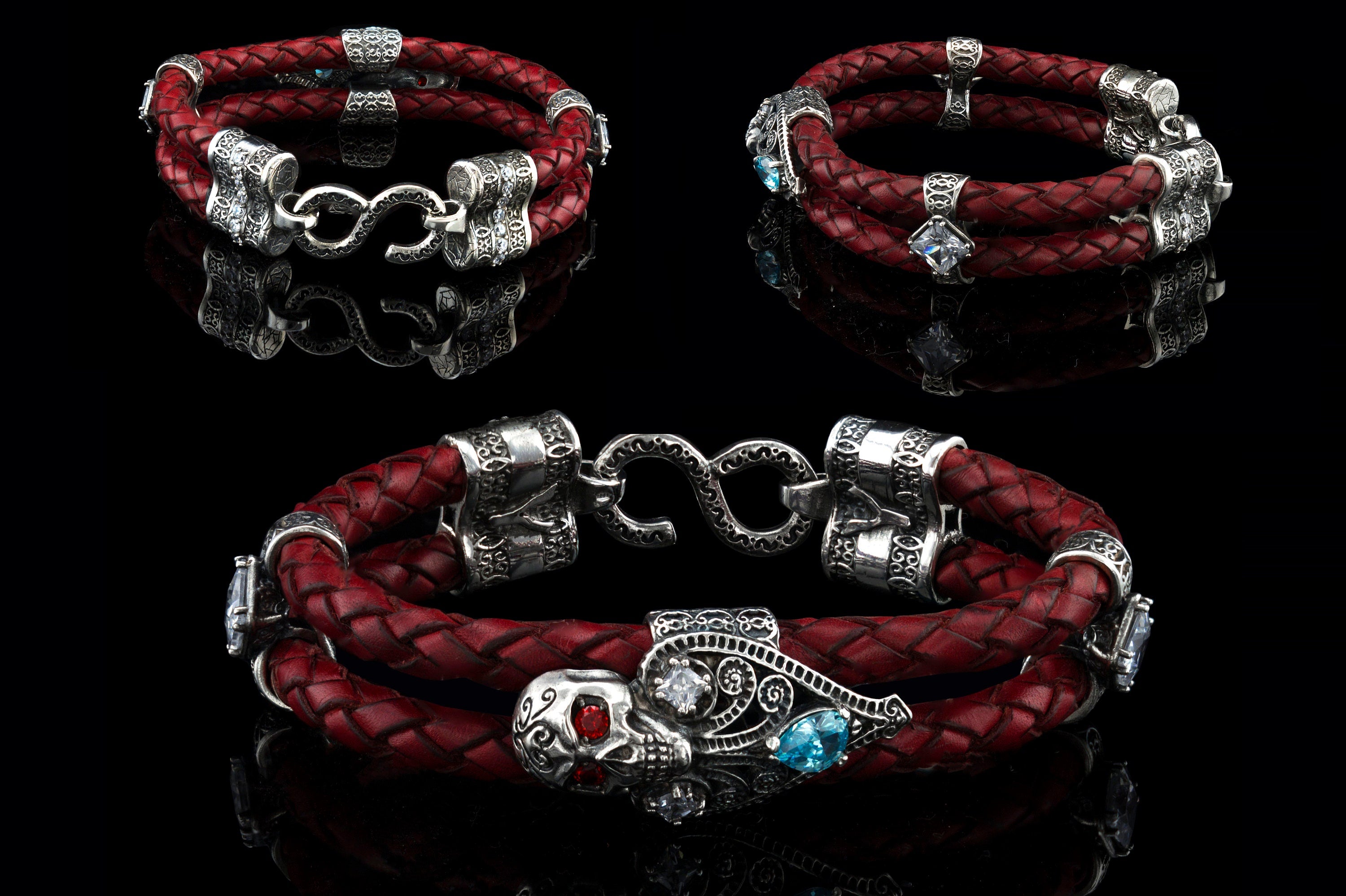 Women's skull bracelet Matilda Skull jewelry Sterling silver 925 Red leather