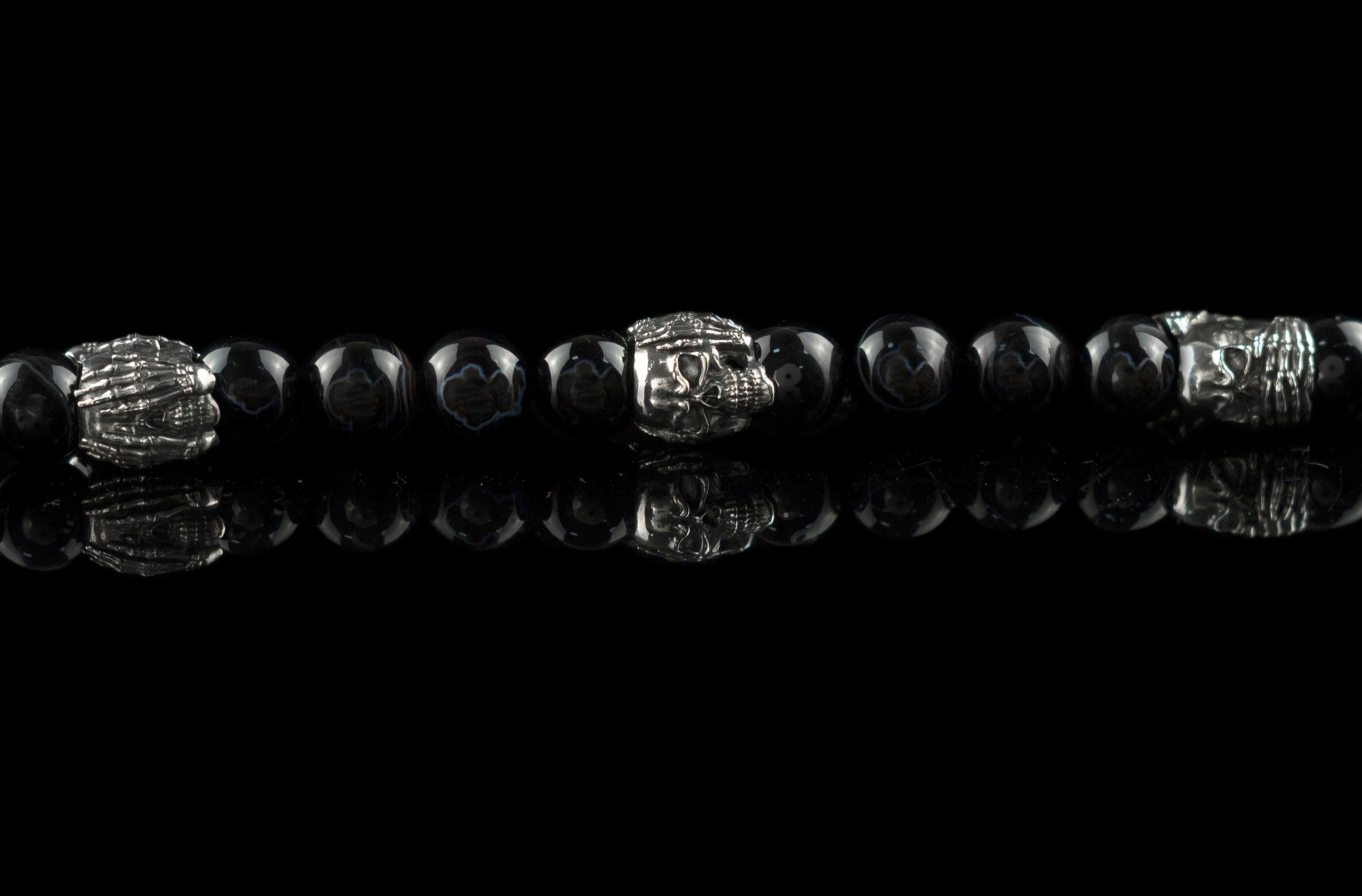 Skull bracelet Black agate gemstones Beaded bracelet Silver skull beads See nothing hear nothing say nothing