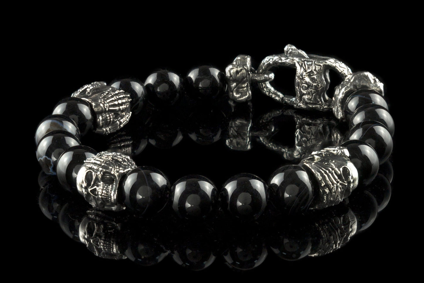 Skull bracelet Black agate gemstones Beaded bracelet Silver skull beads See nothing hear nothing say nothing