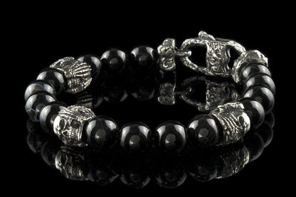 Skull bracelet Black agate gemstones Beaded bracelet Silver skull beads See nothing hear nothing say nothing