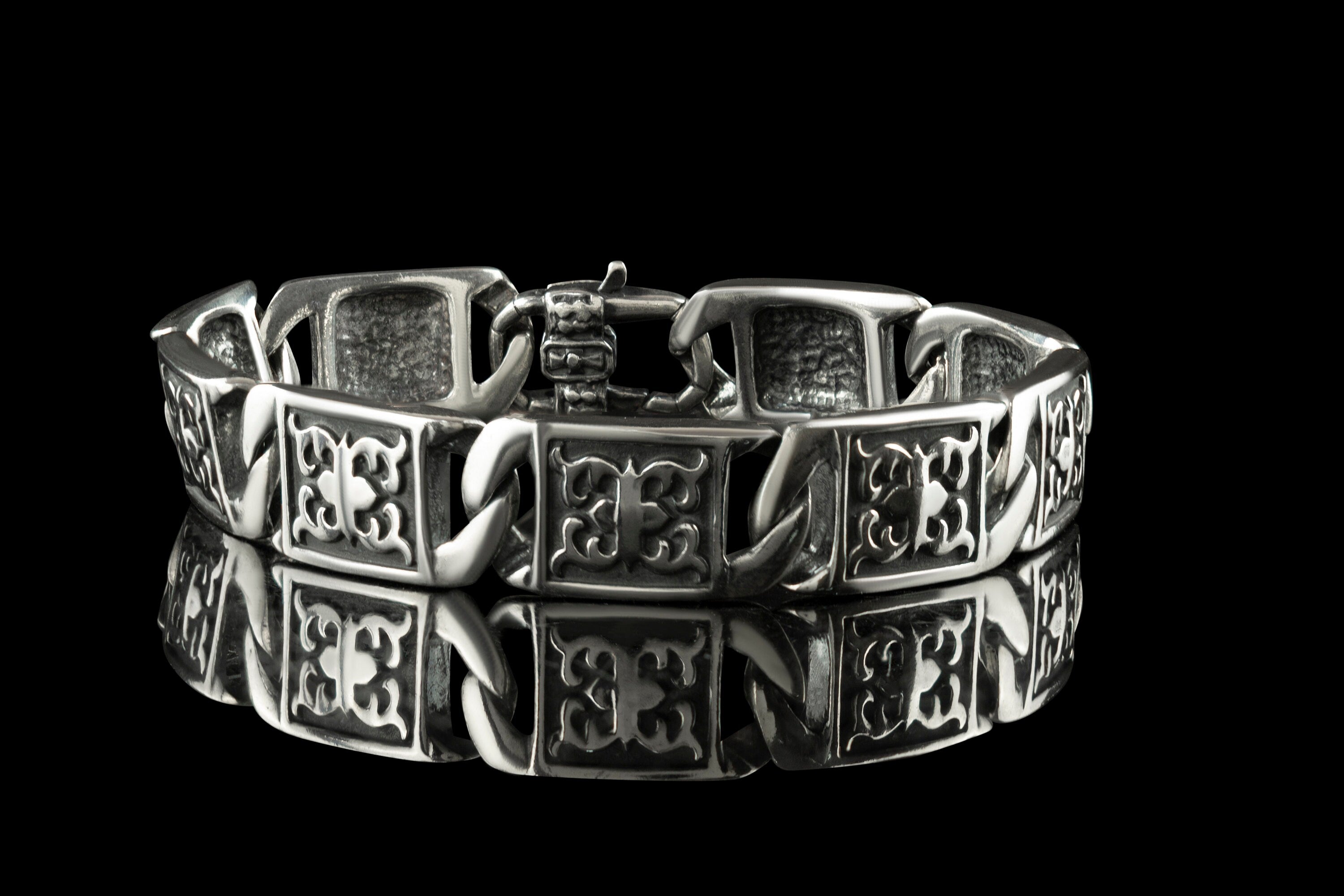 Thick silver bracelet Ornament bracelet French style Biker jewelry Heavy mens bracelet