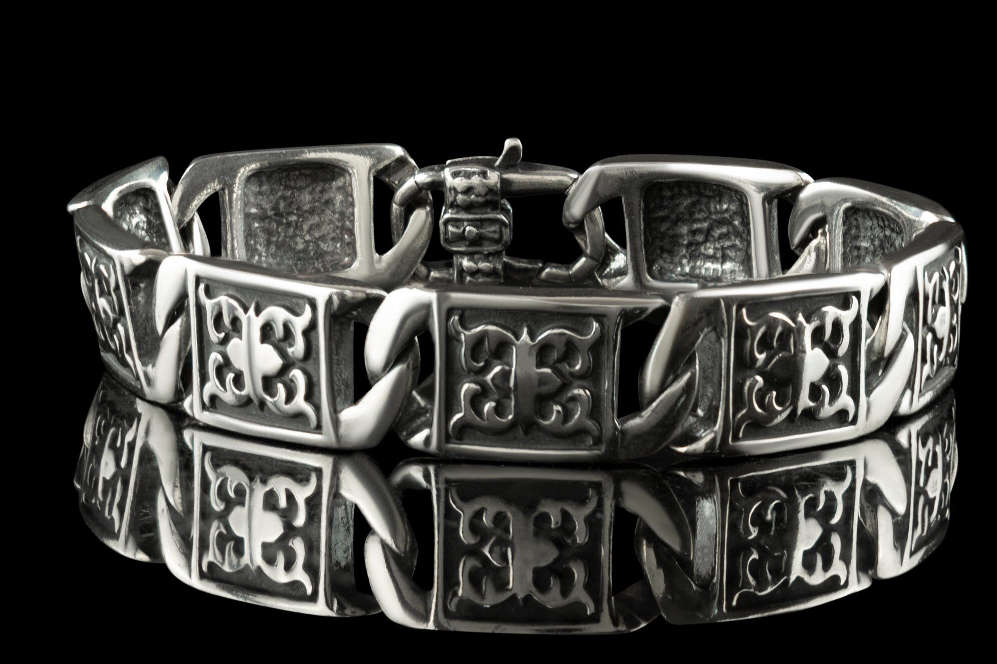 Thick silver bracelet Ornament bracelet French style Biker jewelry Heavy mens bracelet