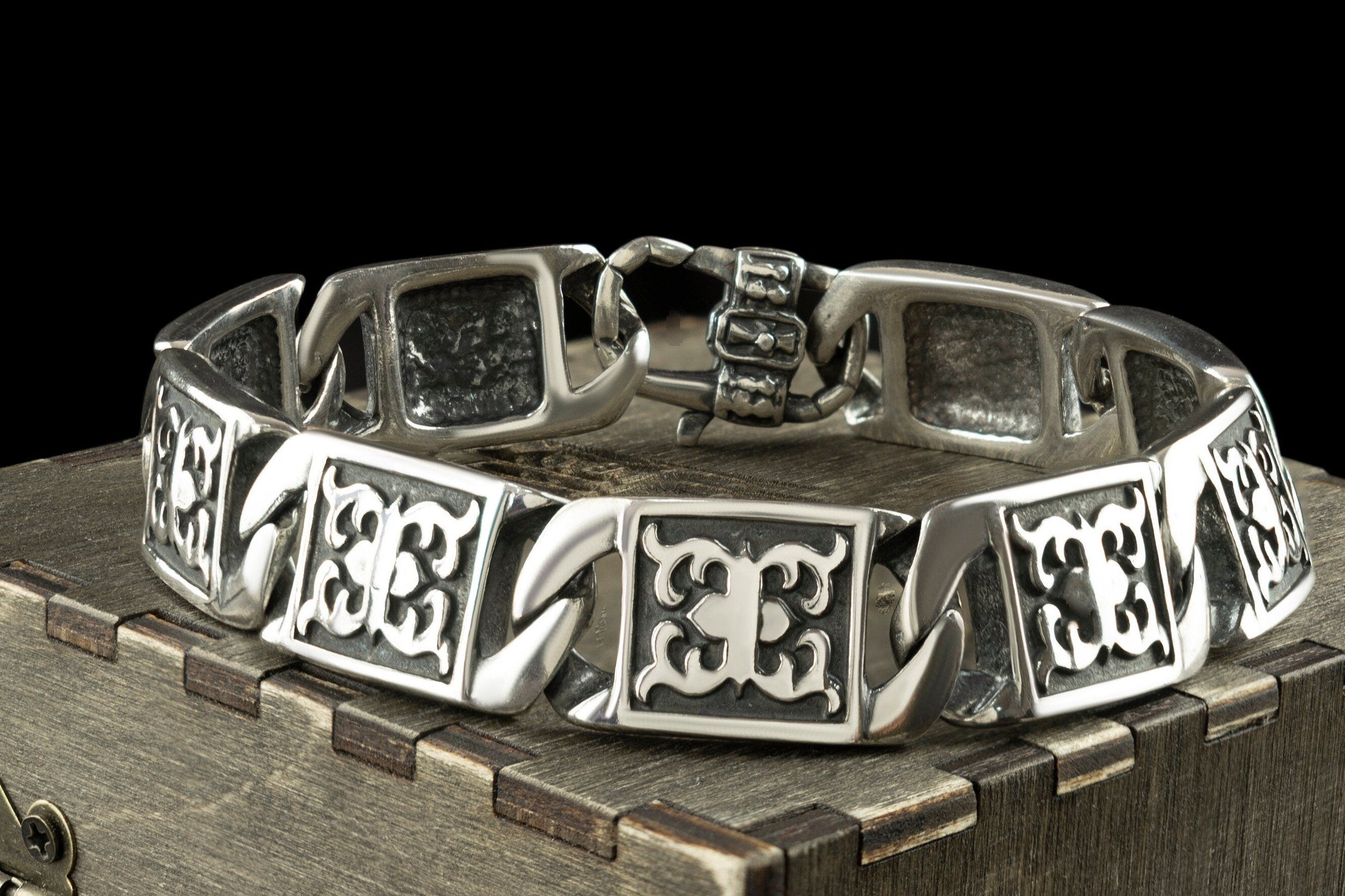 Thick silver bracelet Ornament bracelet French style Biker jewelry Heavy mens bracelet