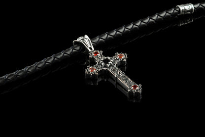 Gothic сross Silver cross necklace Cross with leather cord Black and red
