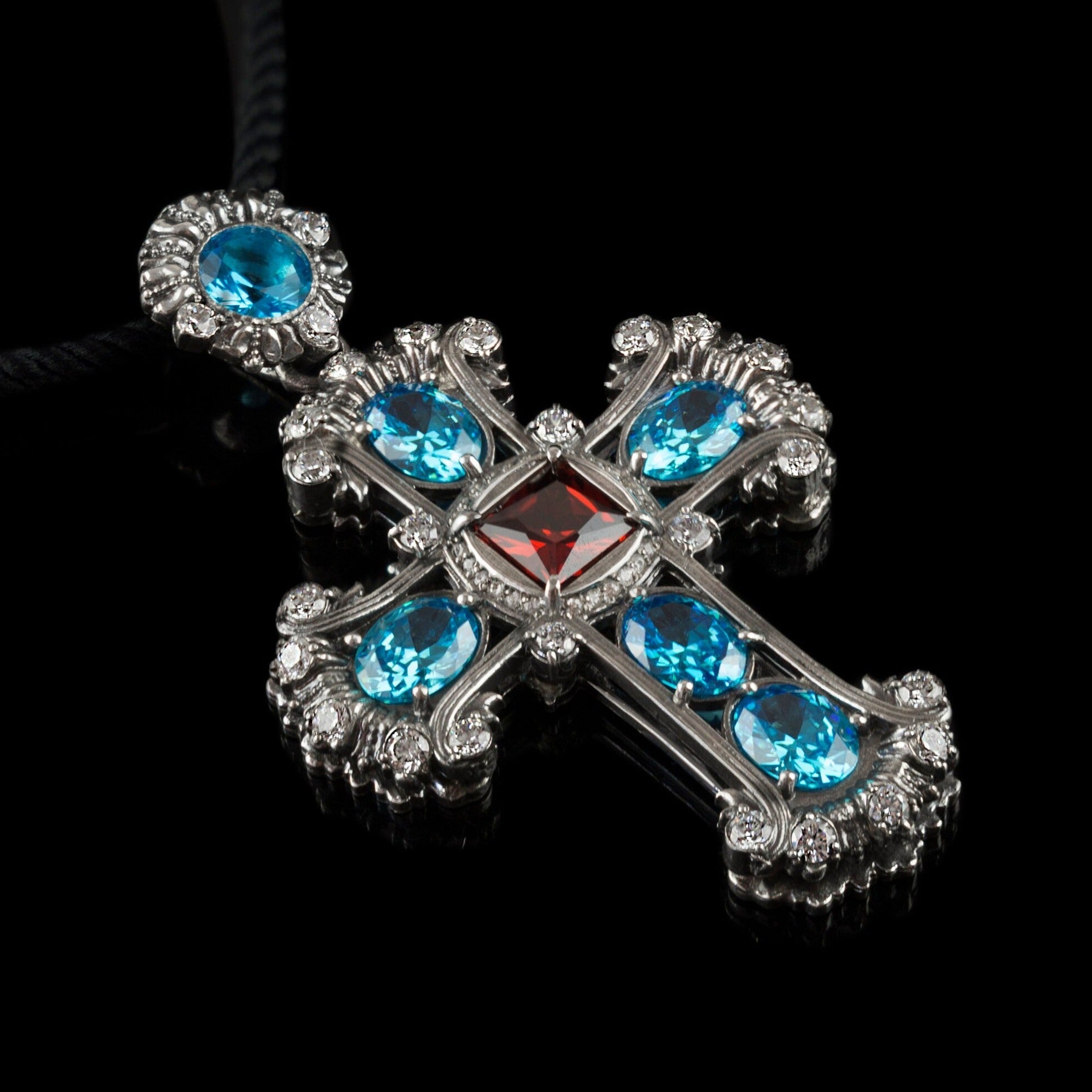 Blue and red crystal cross Women's silver cross Black cross  Victorian jewelry Medieval Cross Women's pendant cross Antique Style jewelry