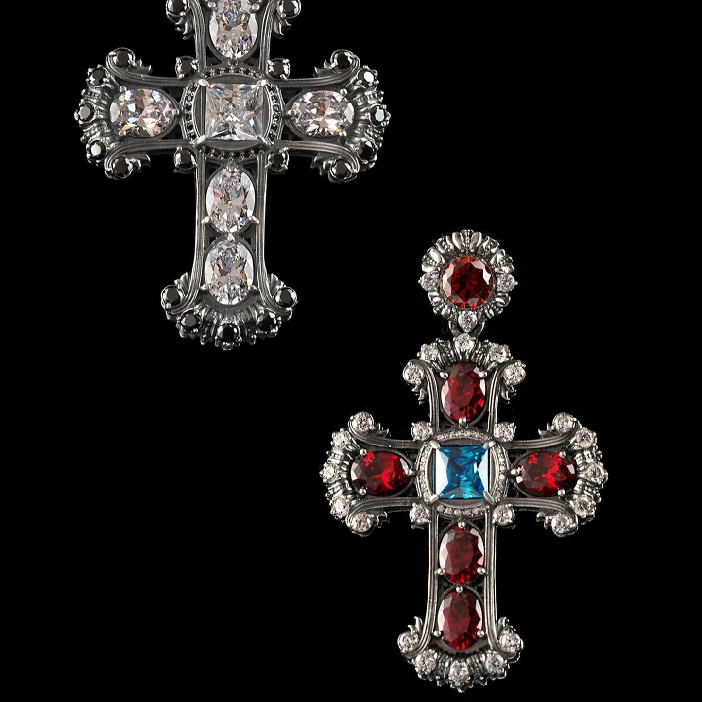 Blue and red crystal cross Women's silver cross Black cross  Victorian jewelry Medieval Cross Women's pendant cross Antique Style jewelry