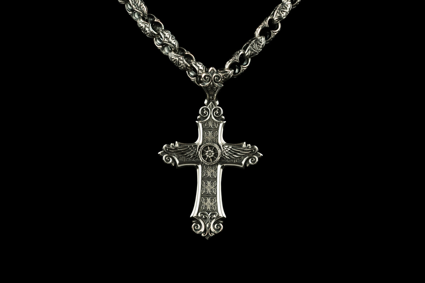 Biker pendant Silver cross with wings and tire Wheels of Freedom