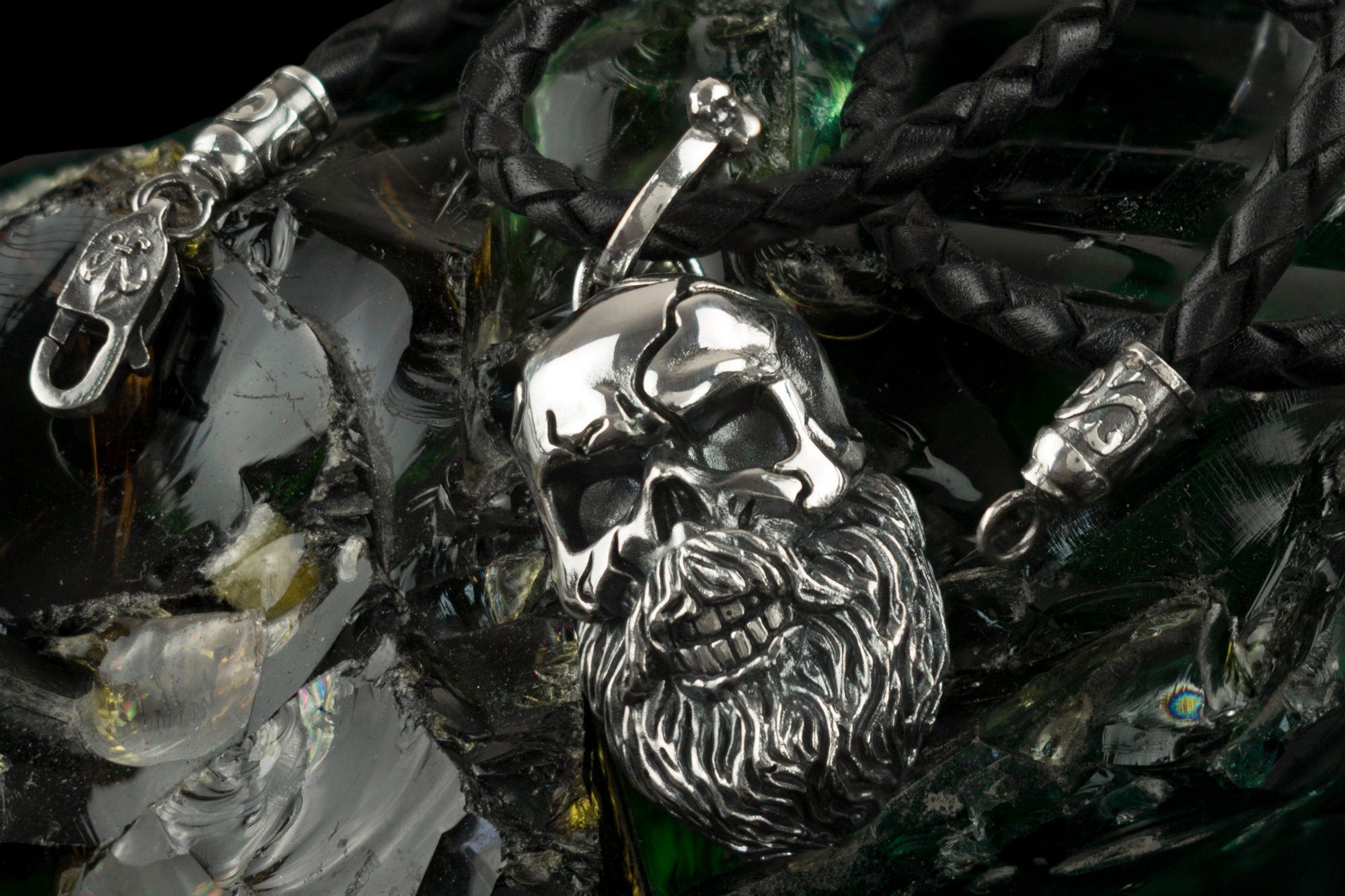 Silver skull pendant Biker jewelry Bearded skull Brutalist style