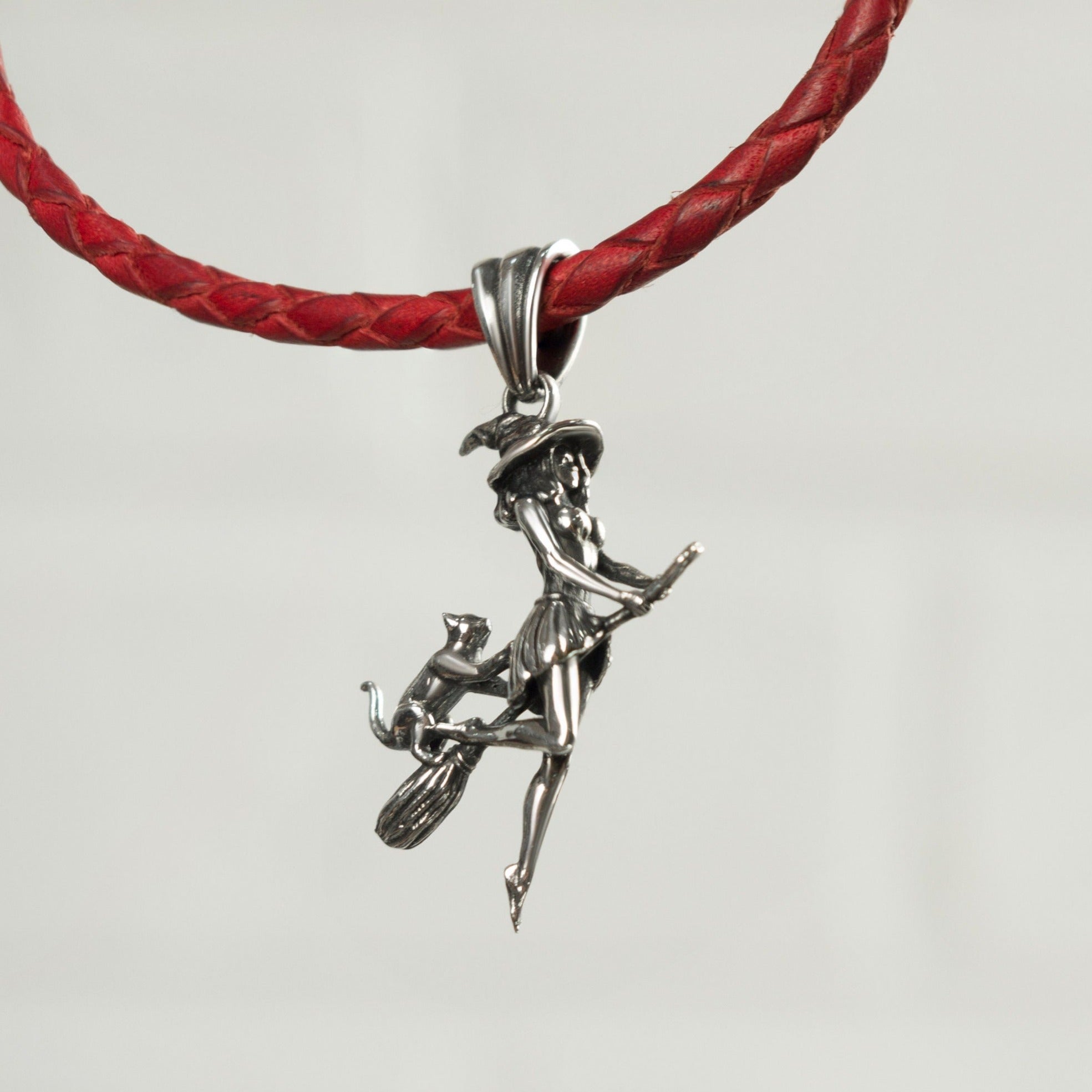 Flying witch with cat pendant with red leather necklace  Silver witch on a Broomstick  Witches jewelry