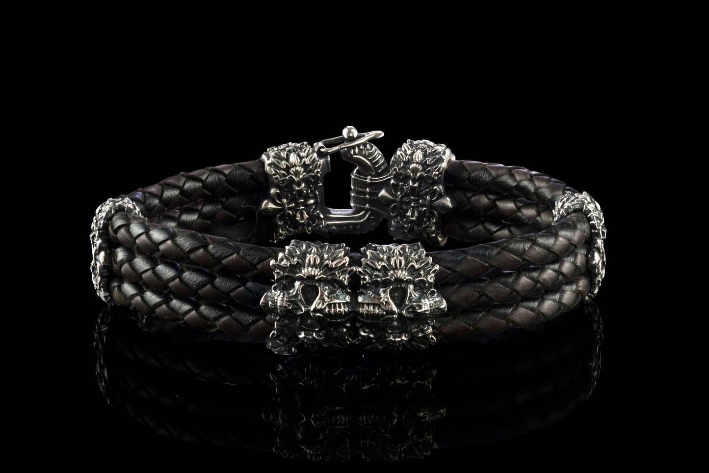 Men skull bracelet Biker jewelry Garry bracelet  Brutalist style Silver and leather bracelet