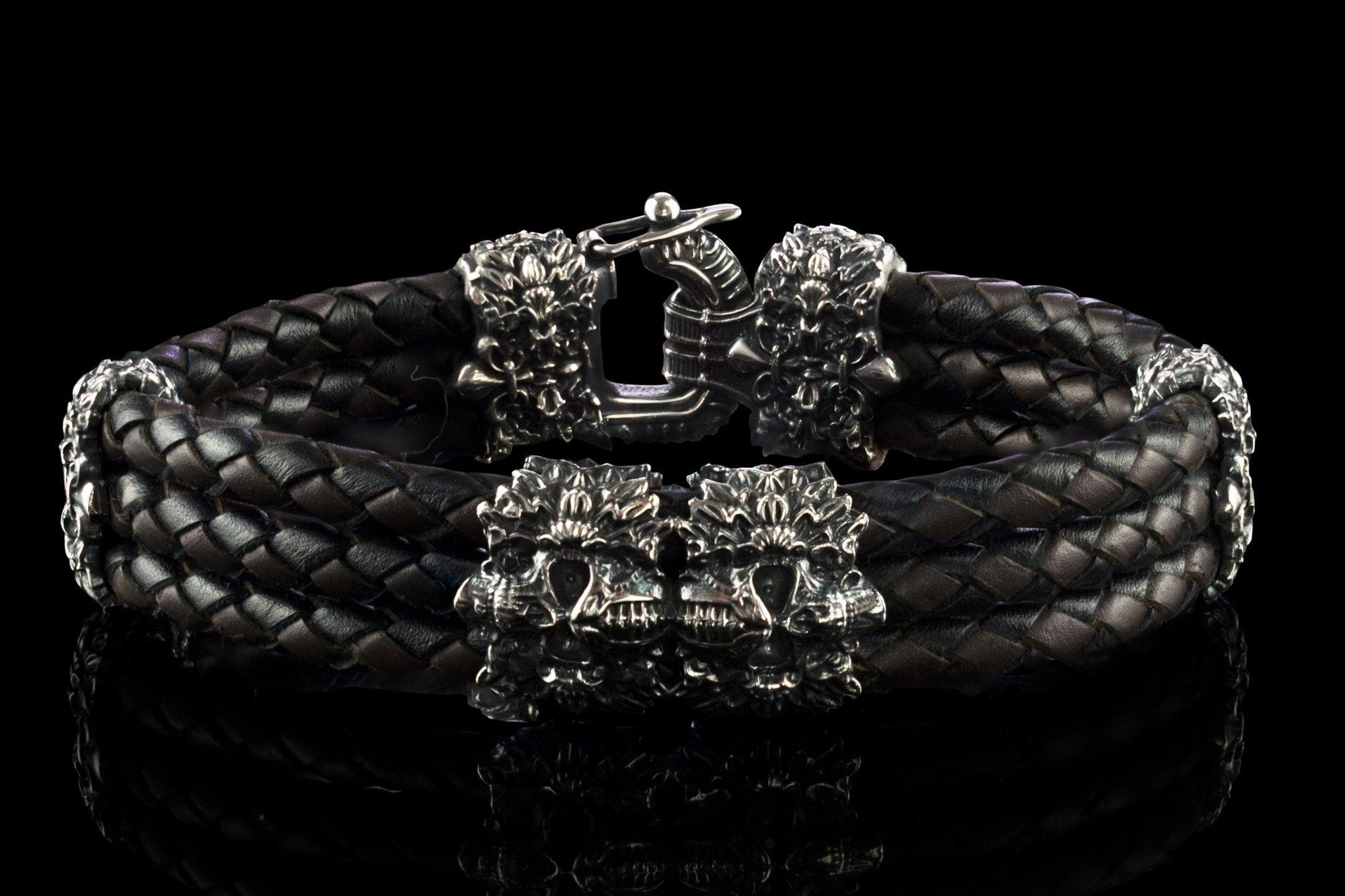 Men skull bracelet Biker jewelry Garry bracelet  Brutalist style Silver and leather bracelet