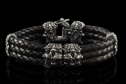 Men skull bracelet Biker jewelry Garry bracelet  Brutalist style Silver and leather bracelet