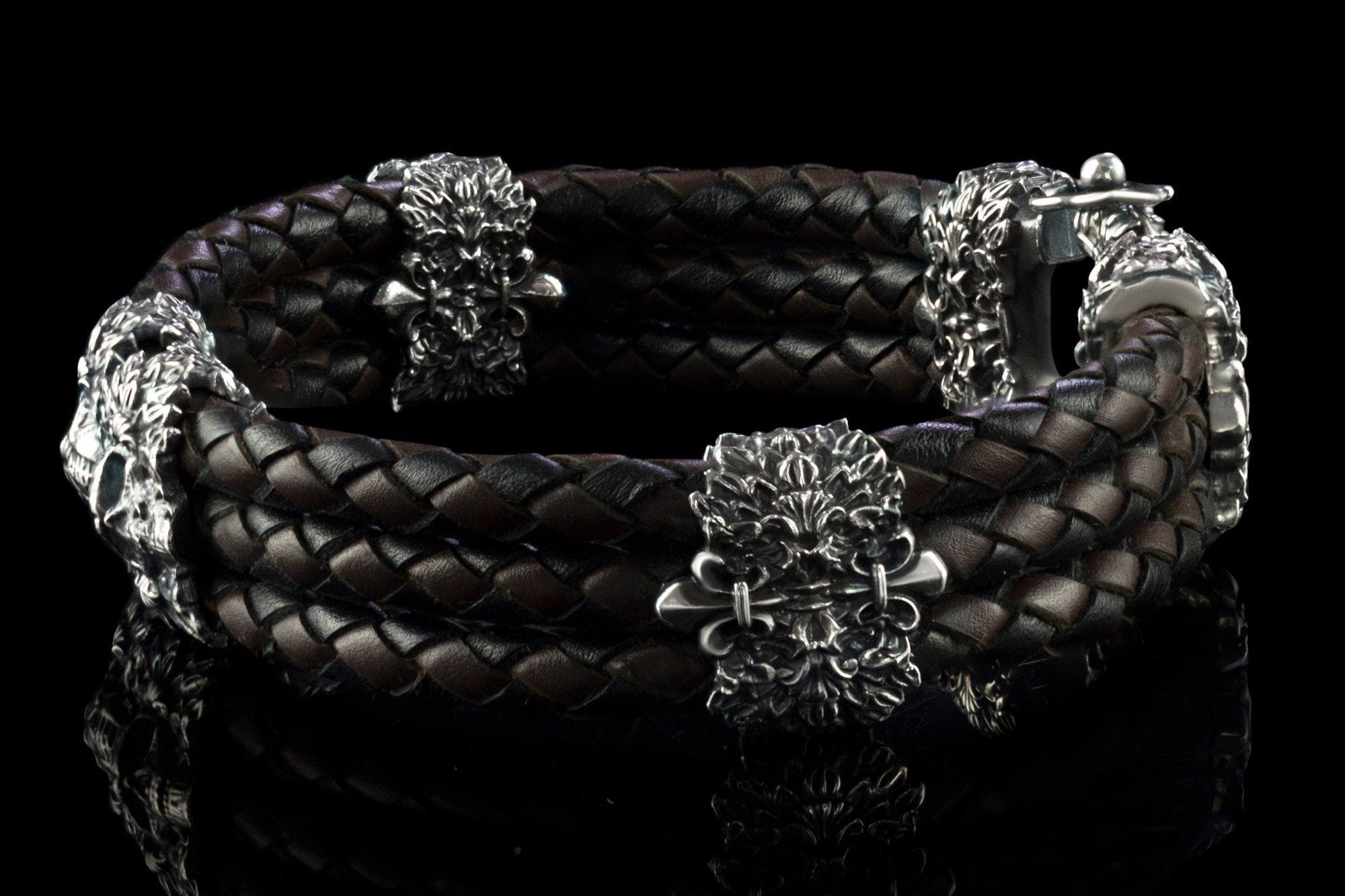 Men skull bracelet Biker jewelry Garry bracelet  Brutalist style Silver and leather bracelet