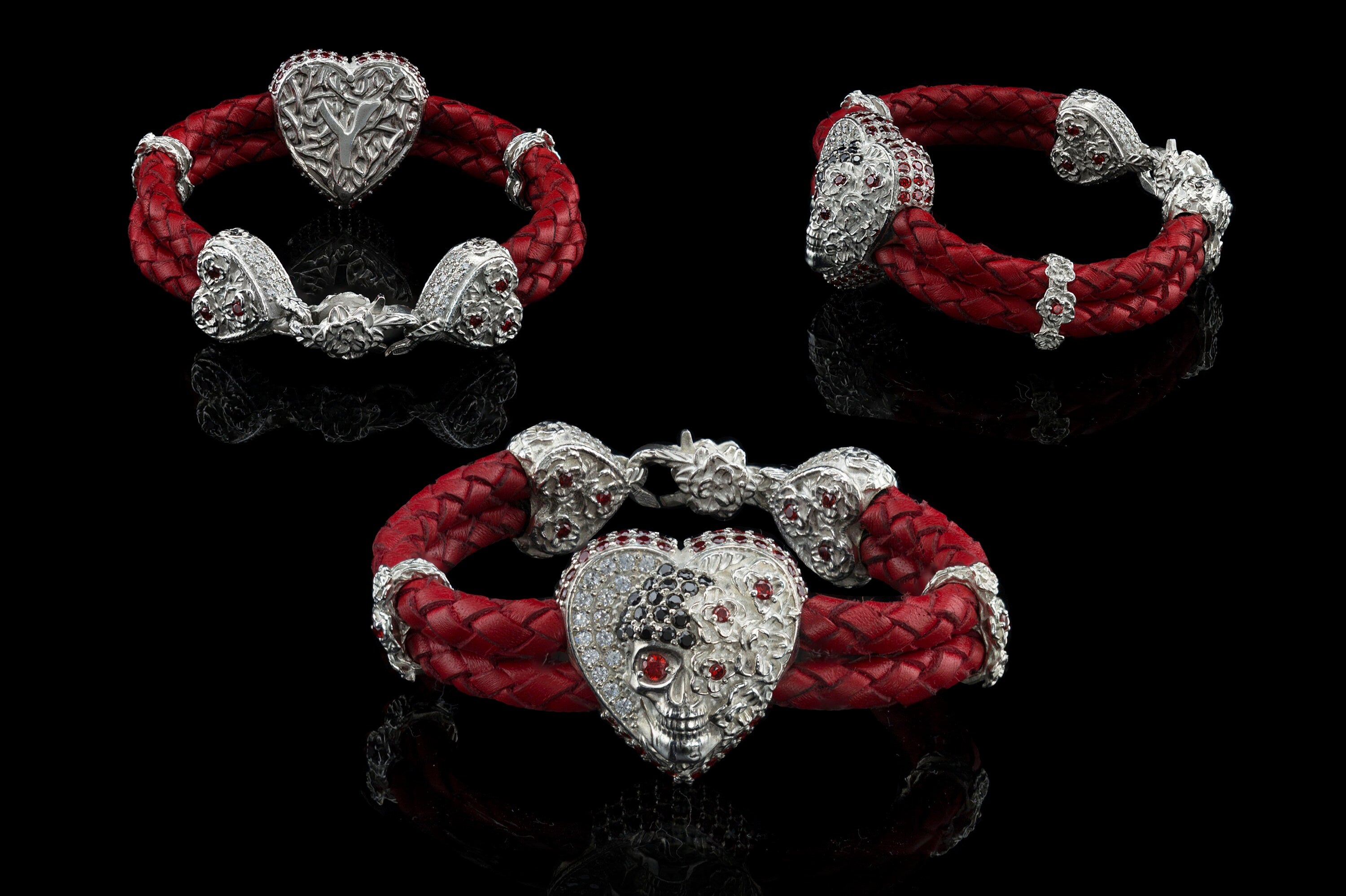 Women skull bracelet Silver skull jewelry Red leather Gothic jewelry