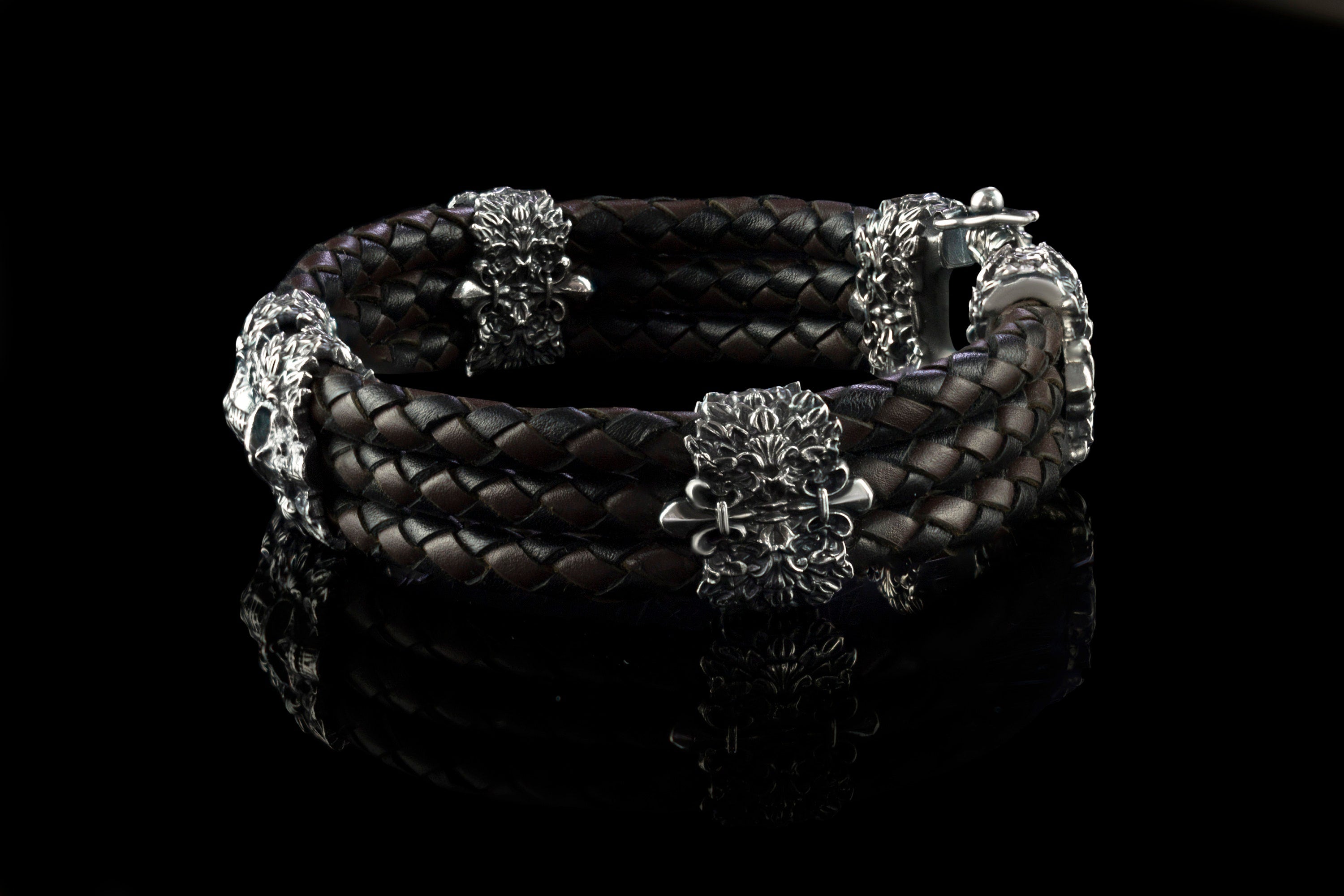 Men skull bracelet Biker jewelry Garry bracelet  Brutalist style Silver and leather bracelet