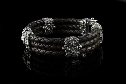 Men skull bracelet Biker jewelry Garry bracelet  Brutalist style Silver and leather bracelet