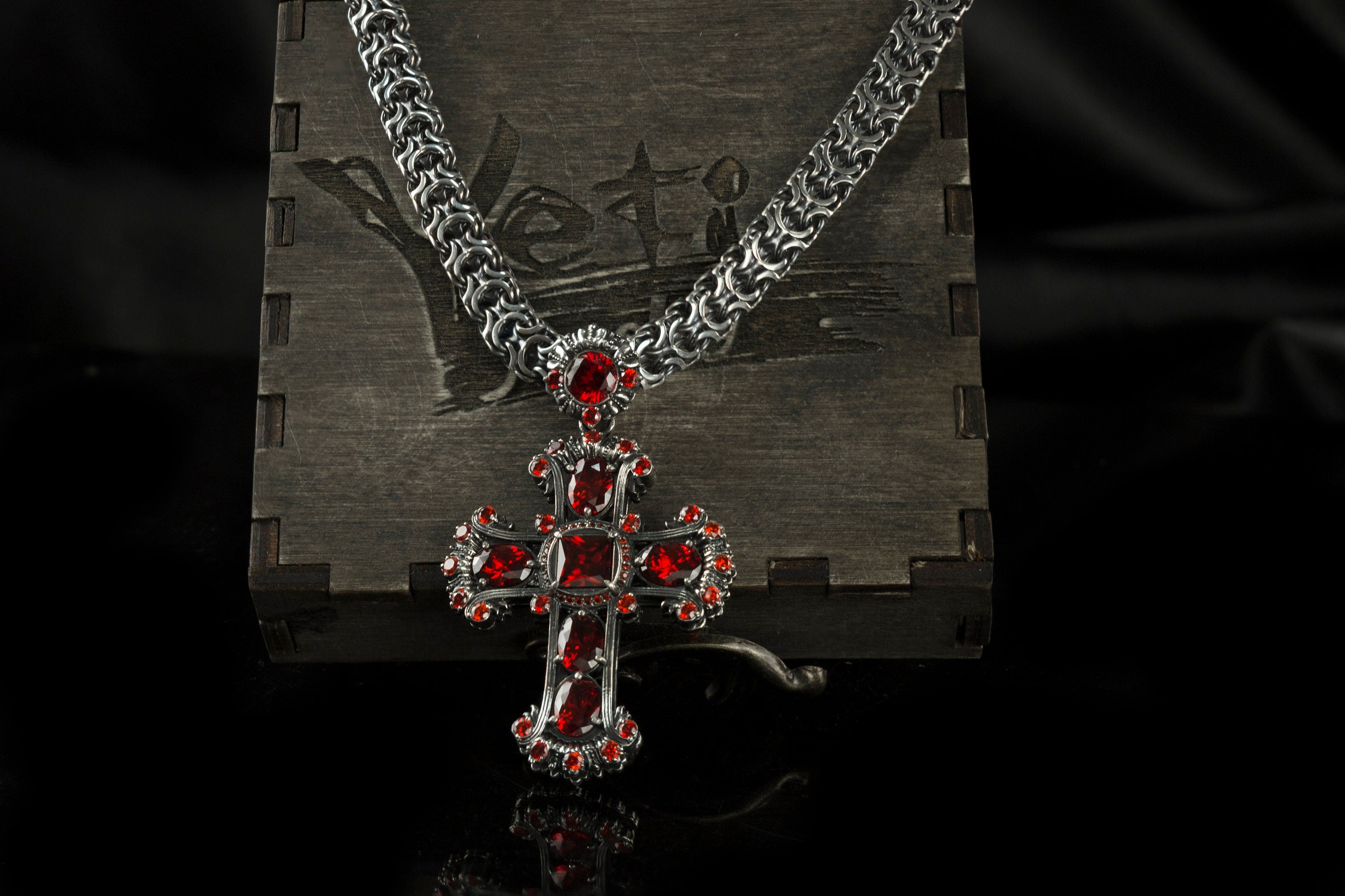 Gemstones cross pendant  Silver cross for women Jeanne d'Arc Red gemstones cross pendant Victorian style jewelry