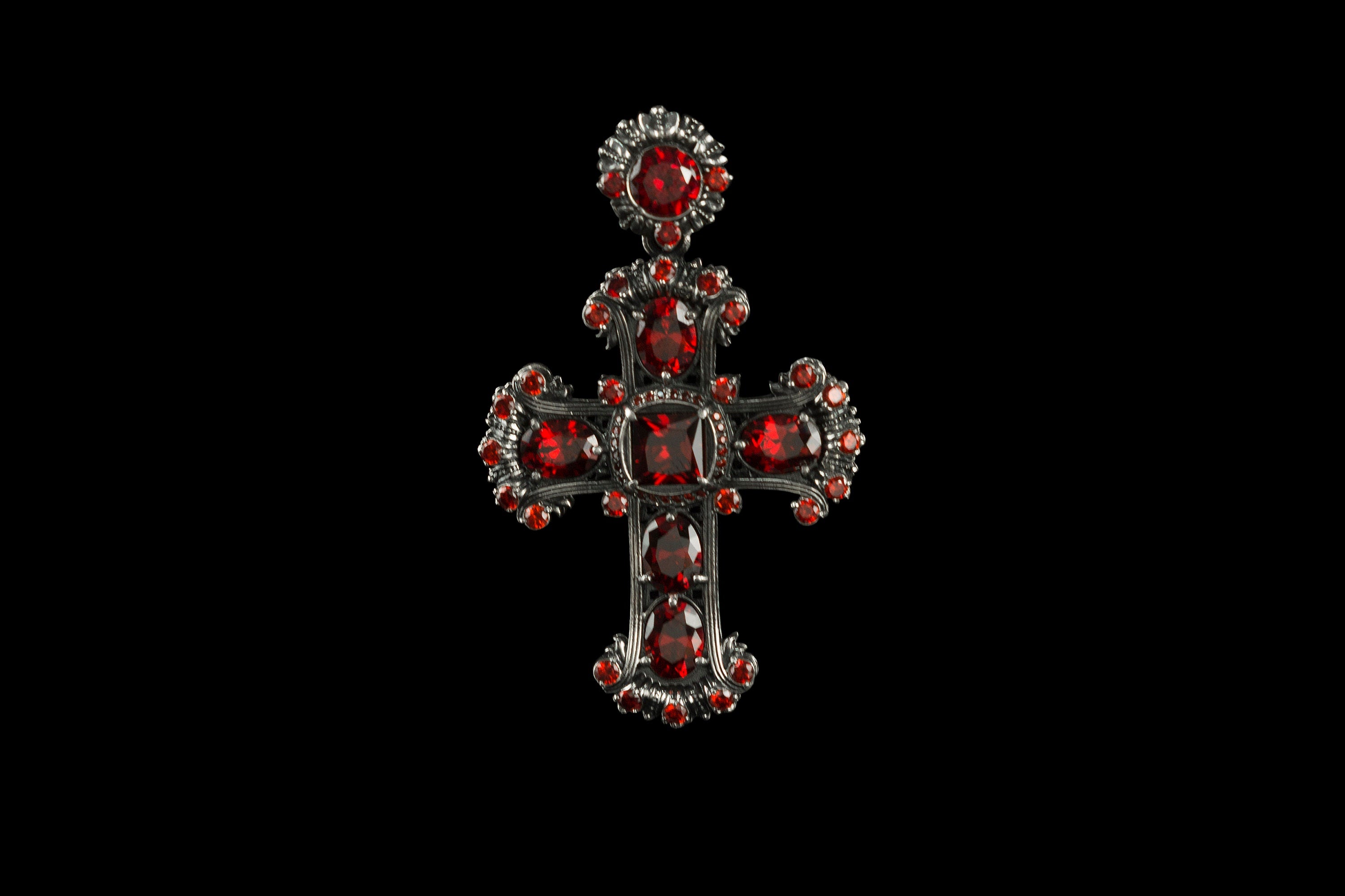 Gemstones cross pendant  Silver cross for women Jeanne d'Arc Red gemstones cross pendant Victorian style jewelry